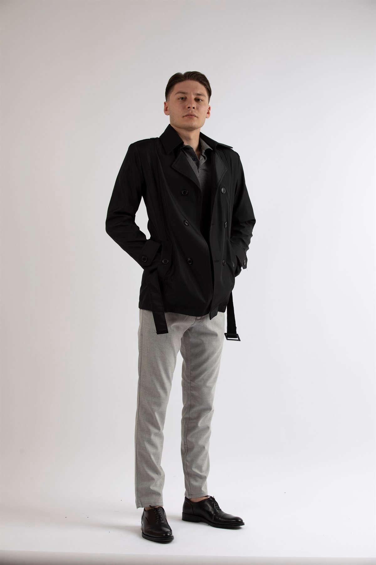 Maserto Slim Fit Men's Short Model Black Trench Coat