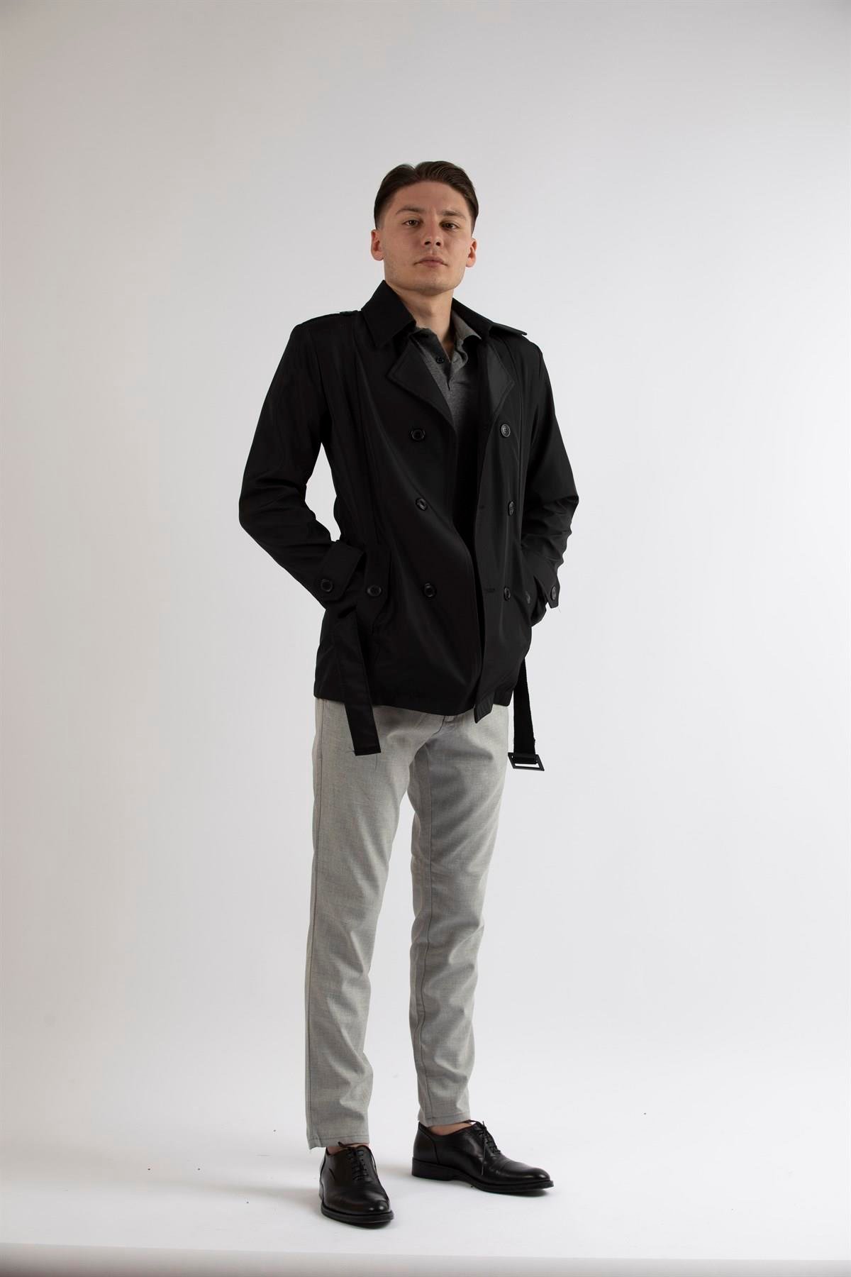 Maserto Slim Fit Men's Short Model Black Trench Coat