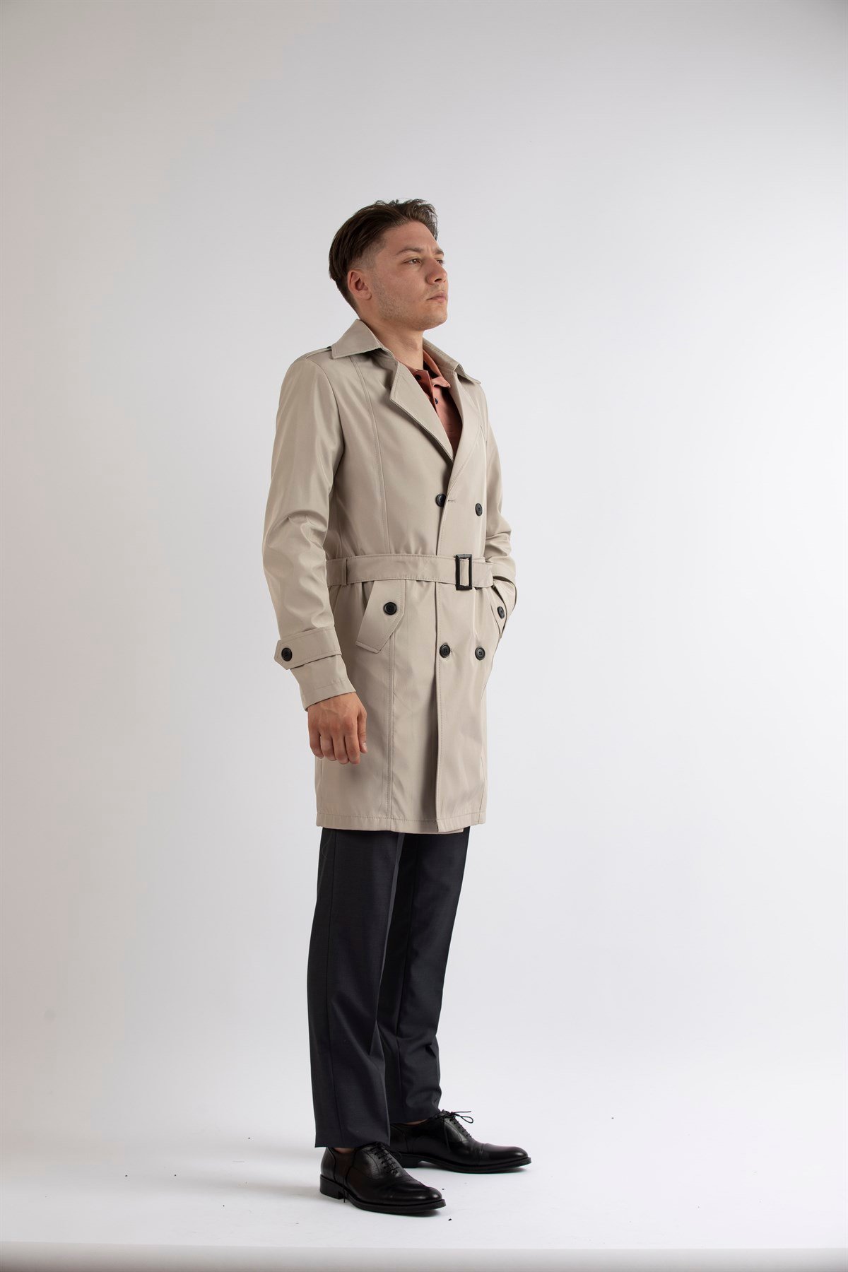 Maserto Slim Fit Men's Cream Trench Coat
