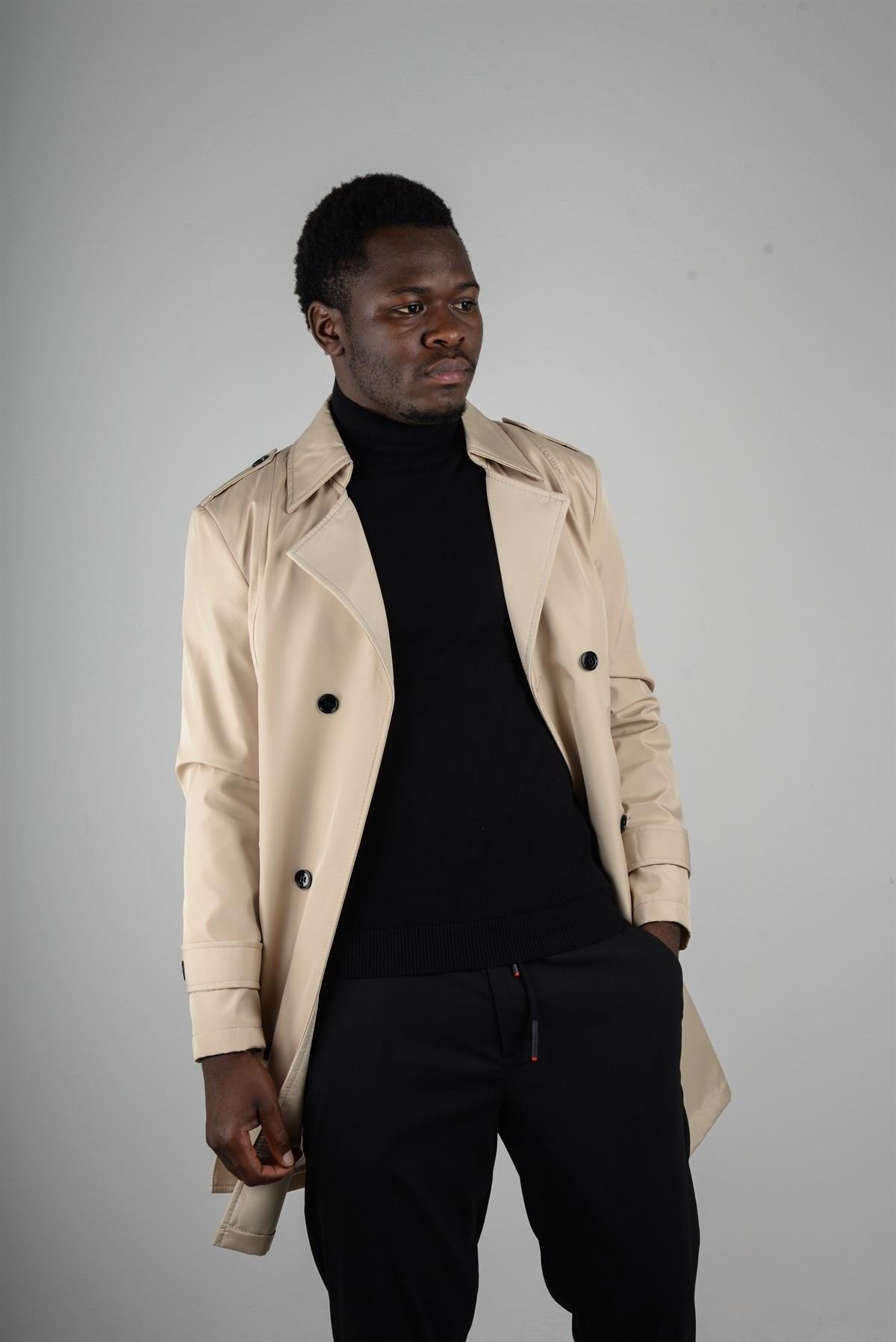 Maserto Slim Fit Men's Cream Trench Coat
