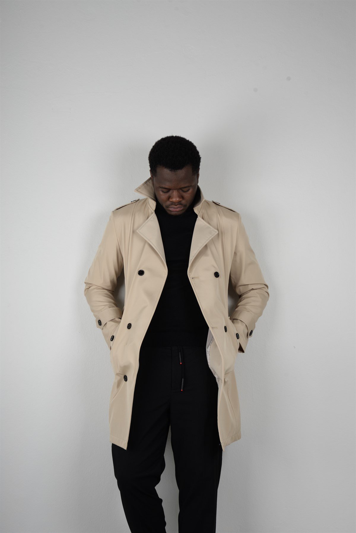 Maserto Slim Fit Men's Cream Trench Coat