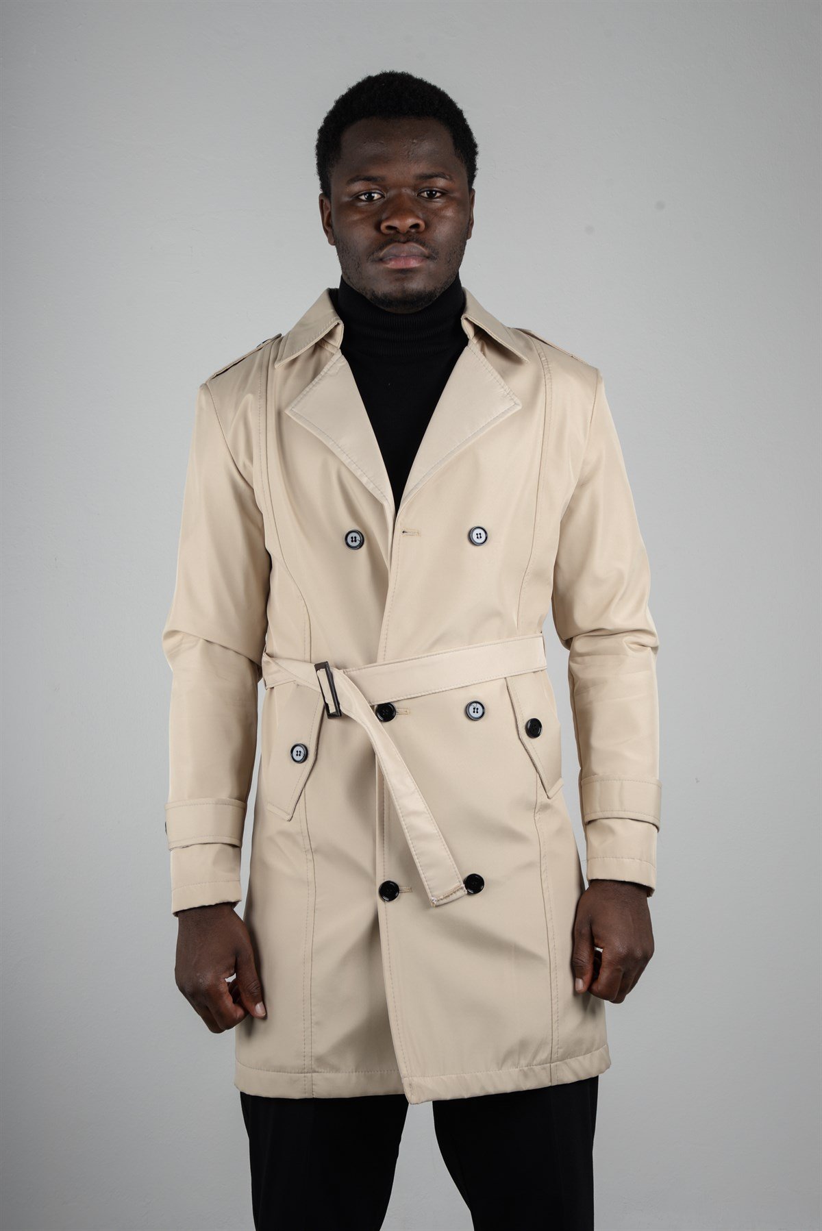 Maserto Slim Fit Men's Cream Trench Coat