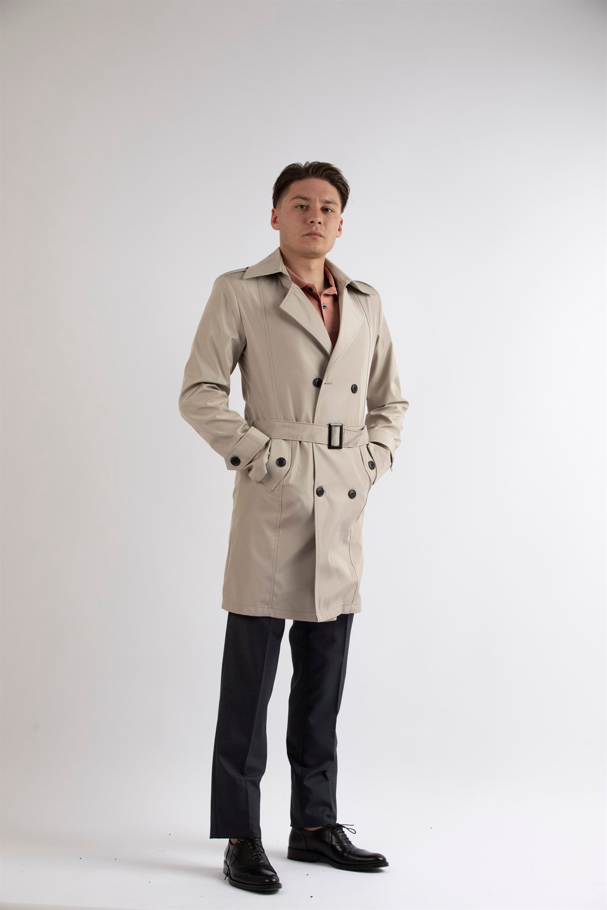 Maserto Slim Fit Men's Cream Trench Coat