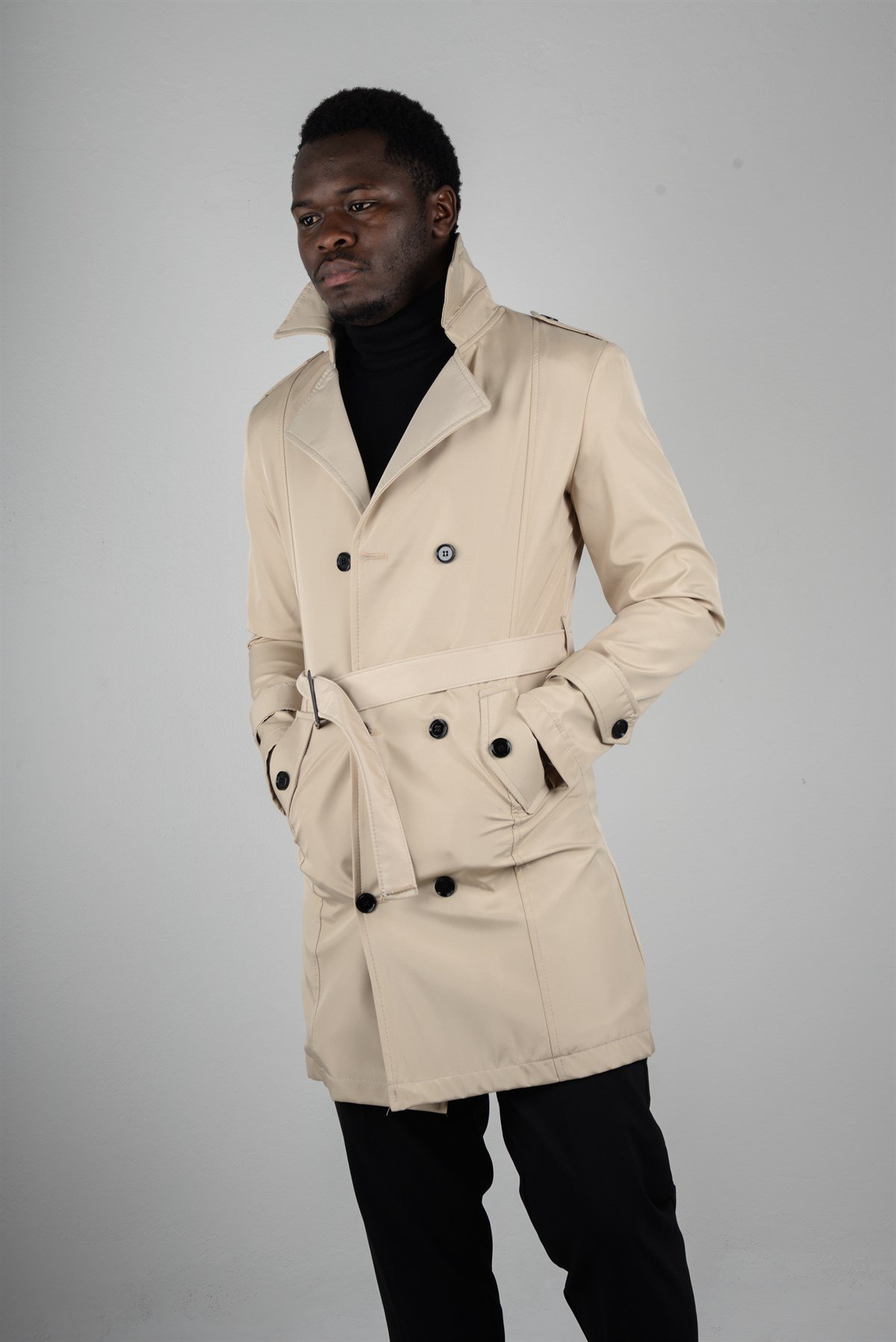 Maserto Slim Fit Men's Cream Trench Coat