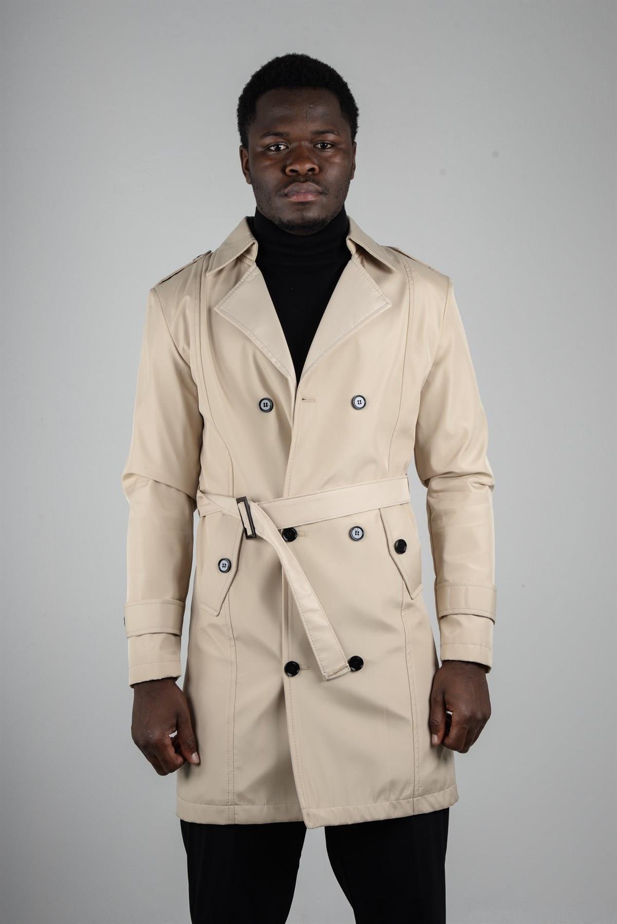 Maserto Slim Fit Men's Cream Trench Coat