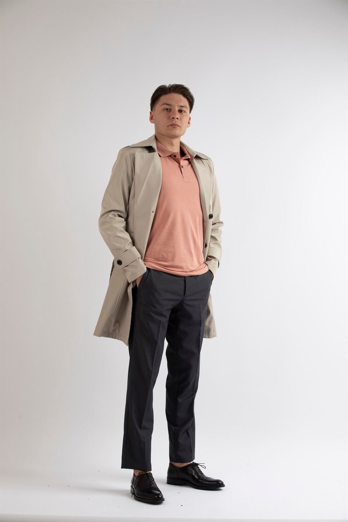 Maserto Slim Fit Men's Cream Trench Coat