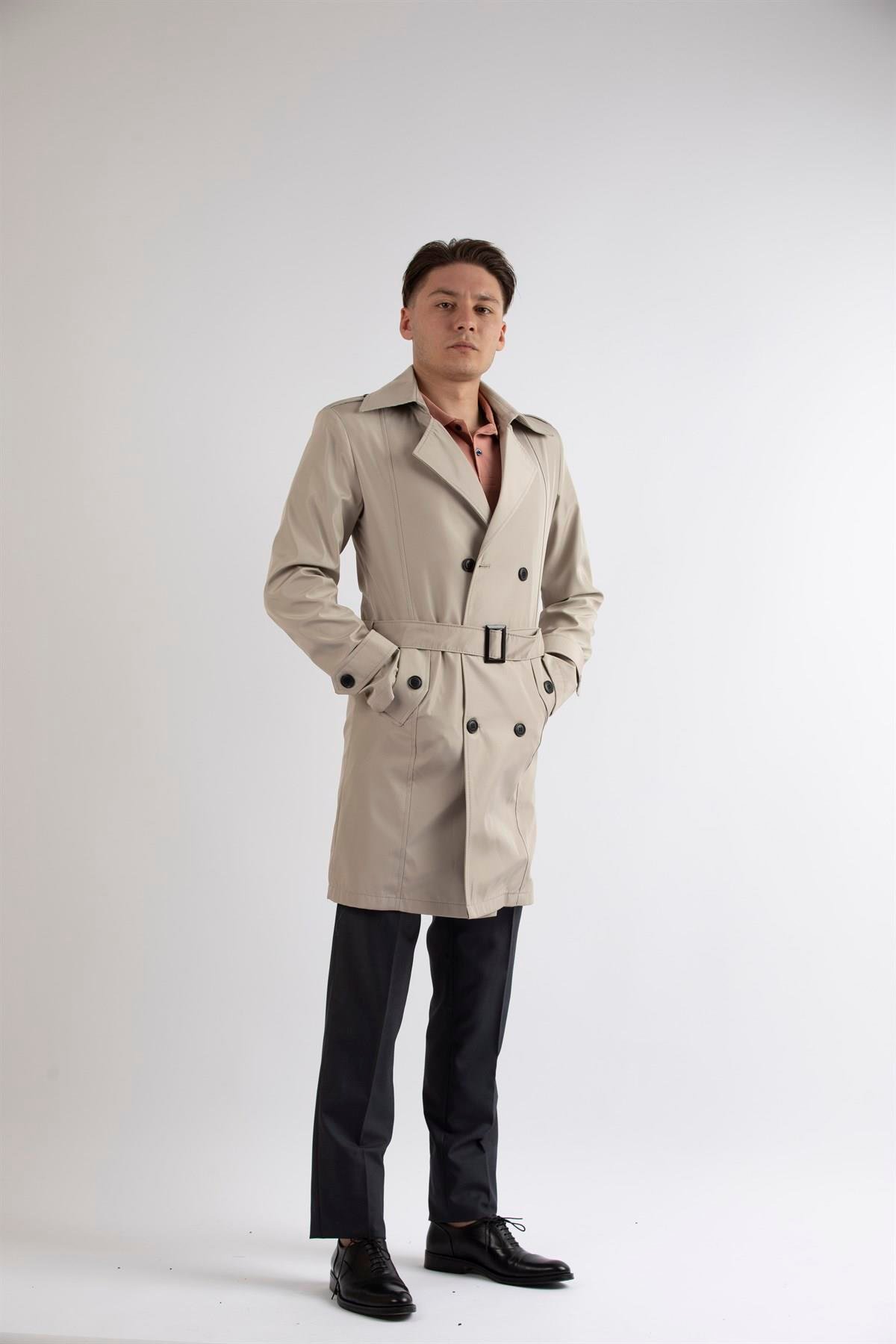 Maserto Slim Fit Men's Cream Trench Coat
