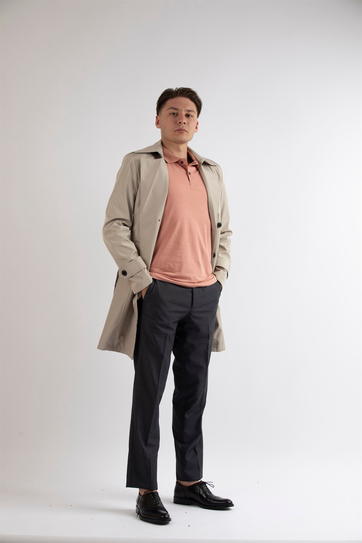 Maserto Slim Fit Men's Cream Trench Coat