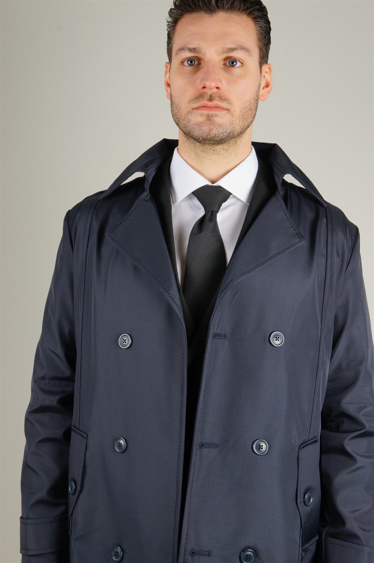 Maserto Slim Fit Men's Navy Blue Trench Coat