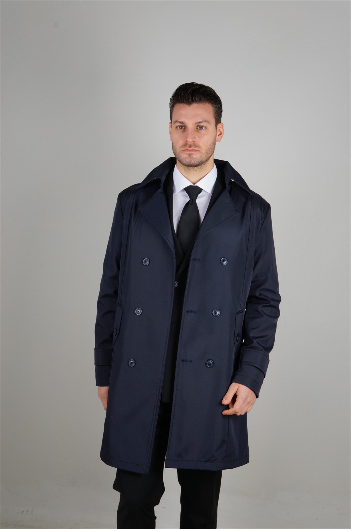 Maserto Slim Fit Men's Navy Blue Trench Coat