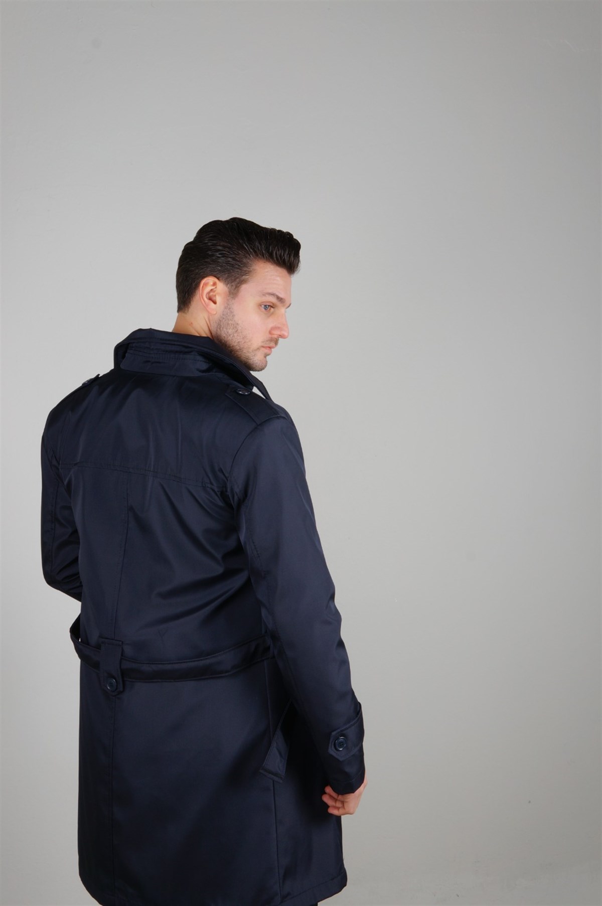 Maserto Slim Fit Men's Navy Blue Trench Coat