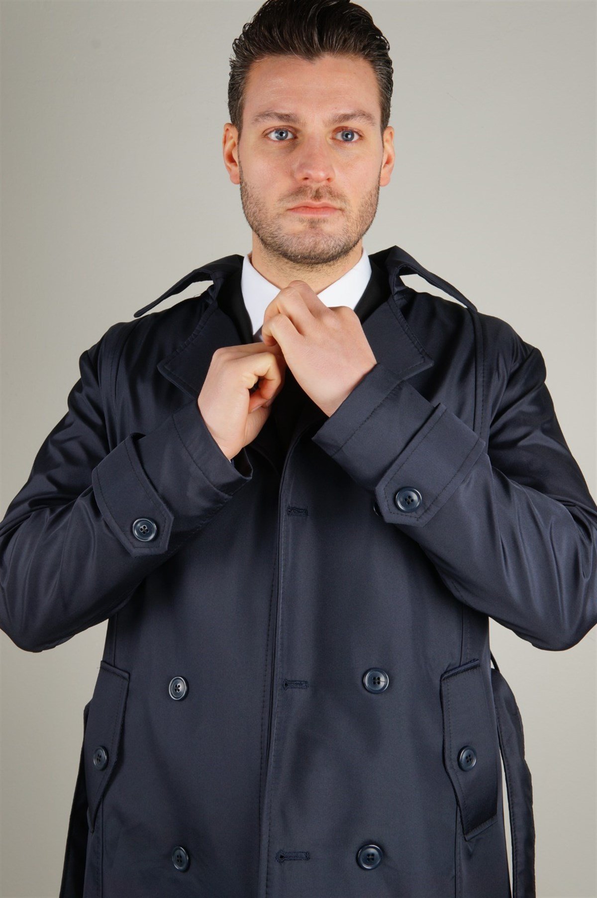 Maserto Slim Fit Men's Navy Blue Trench Coat