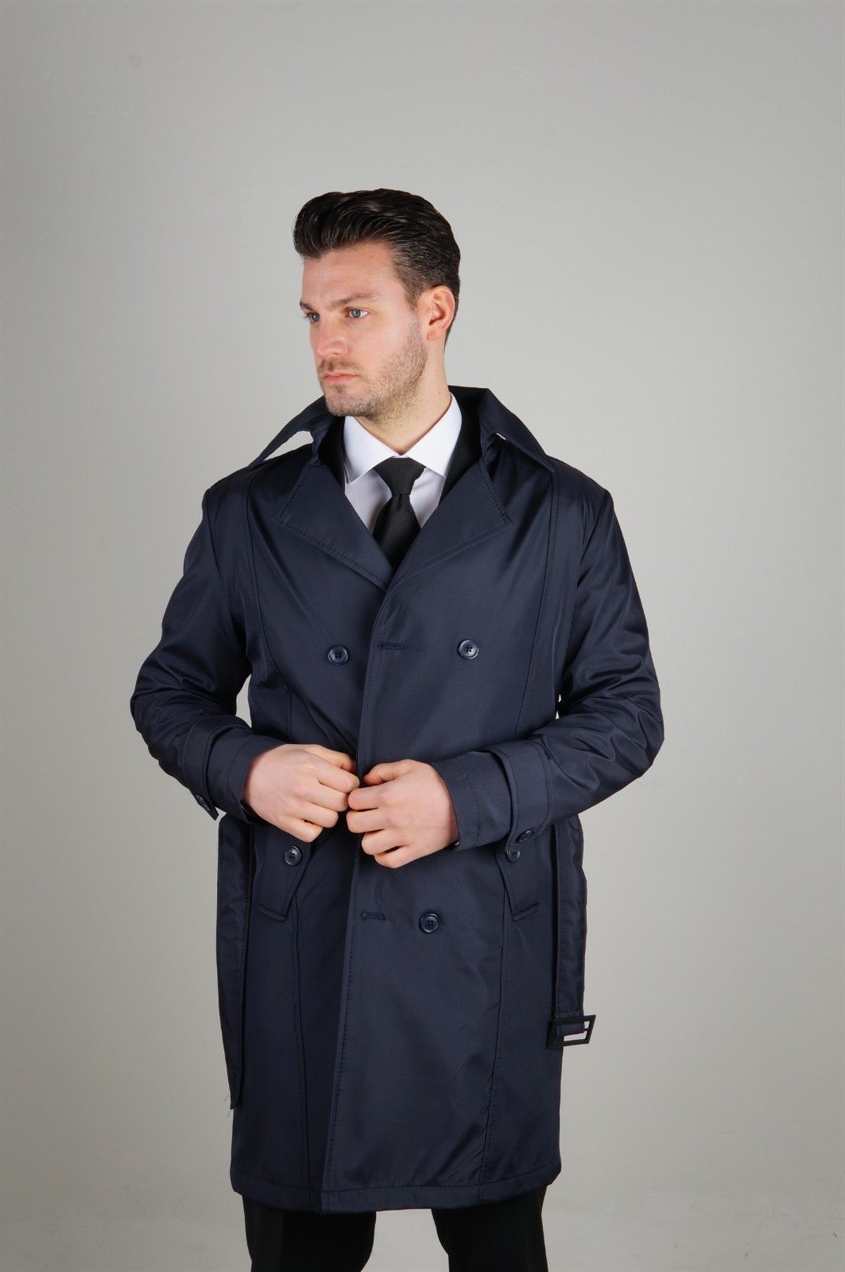 Maserto Slim Fit Men's Navy Blue Trench Coat
