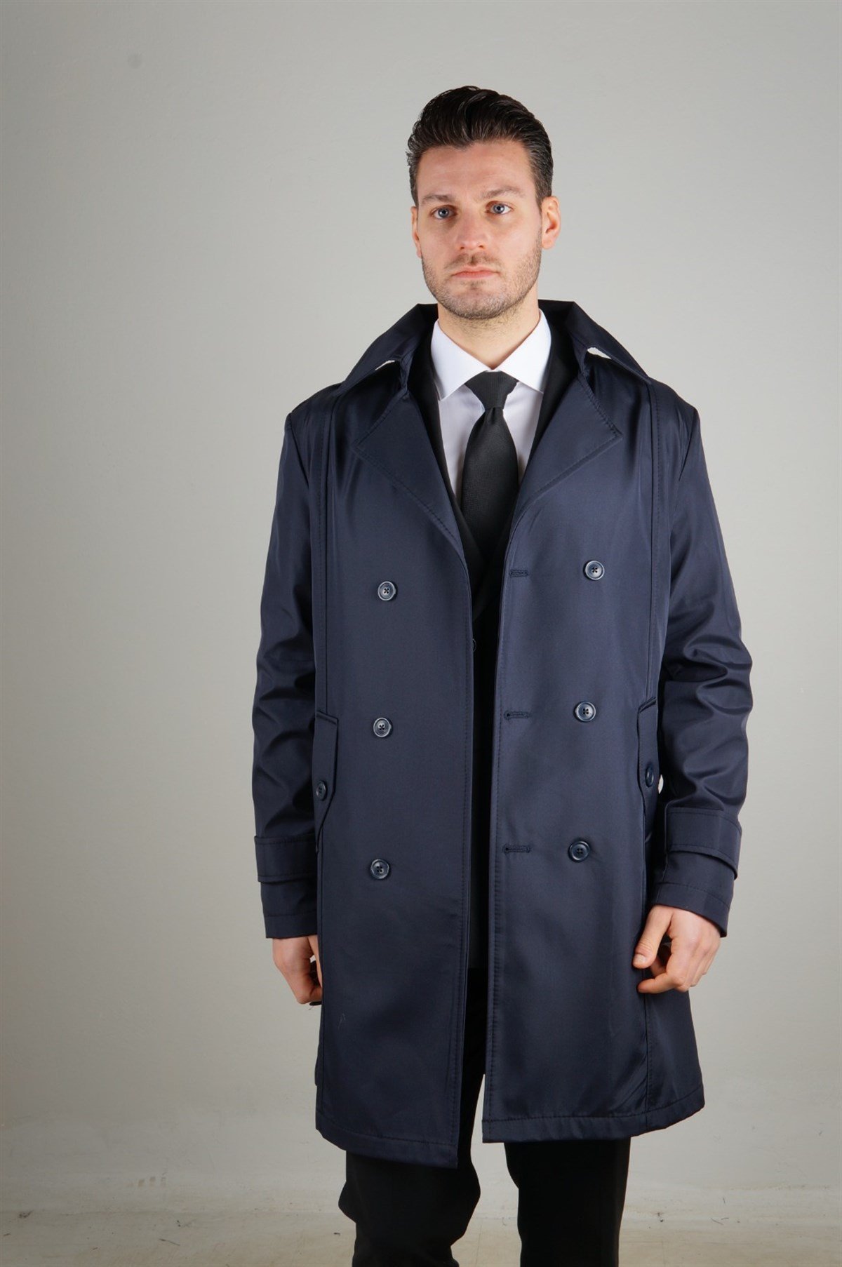 Maserto Slim Fit Men's Navy Blue Trench Coat