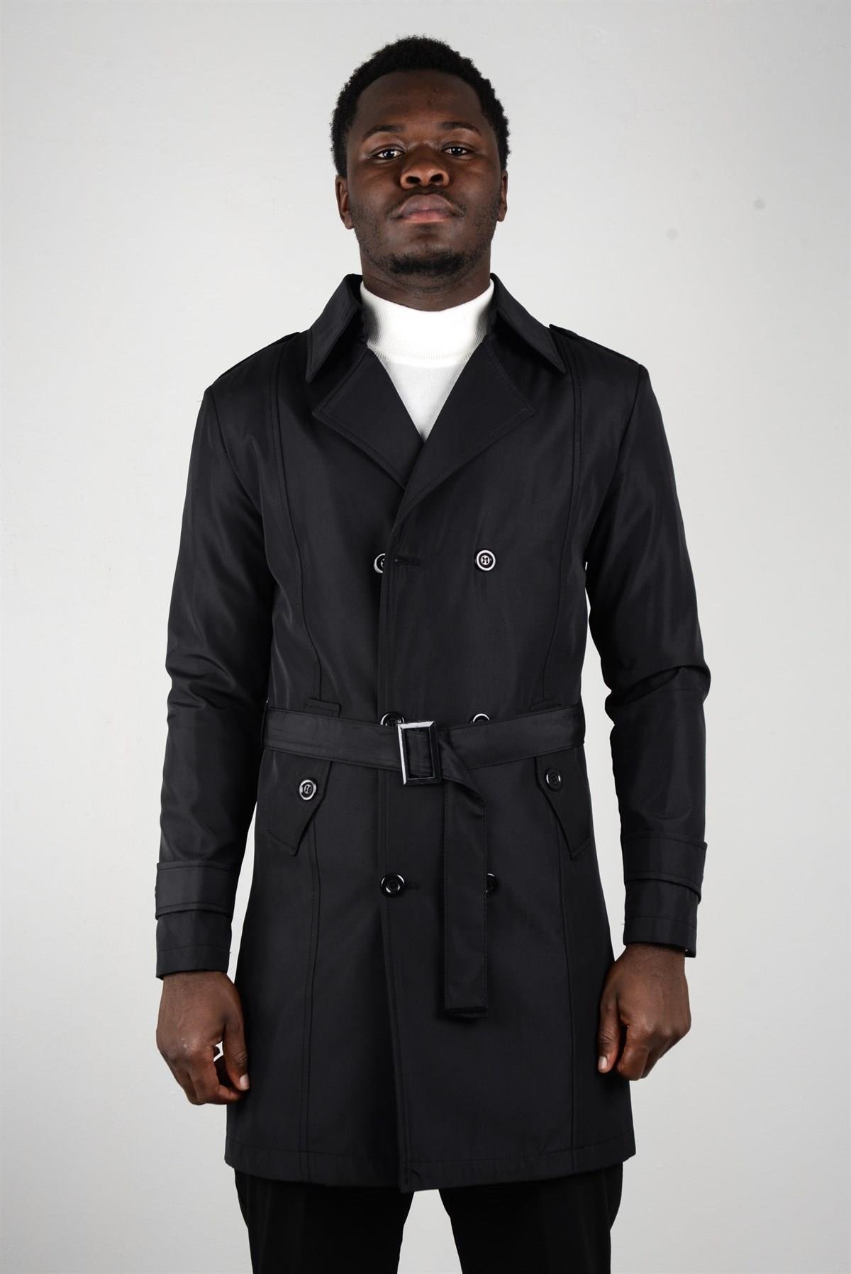 Maserto Slim Fit Men's Black Trench Coat