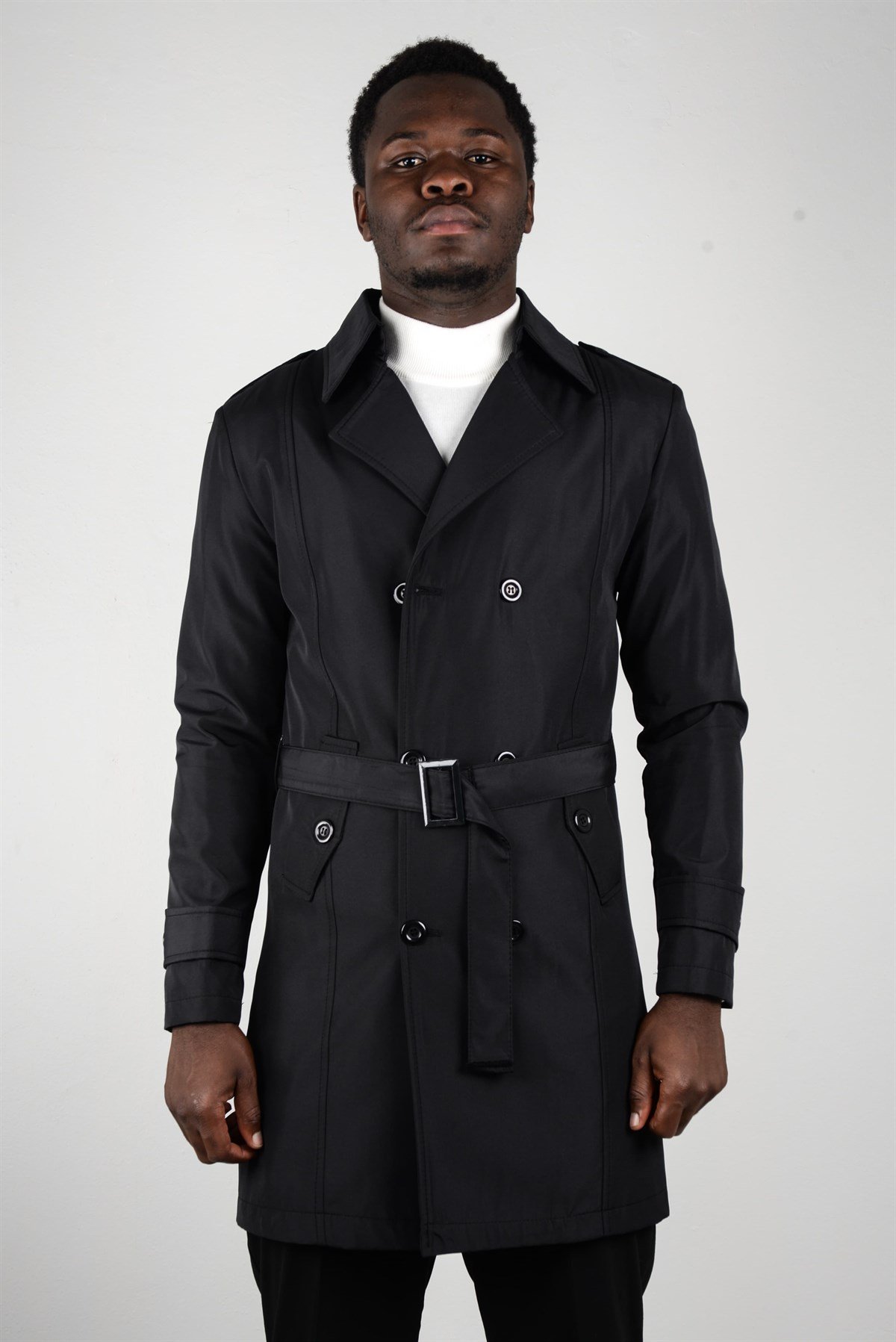 Maserto Slim Fit Men's Black Trench Coat