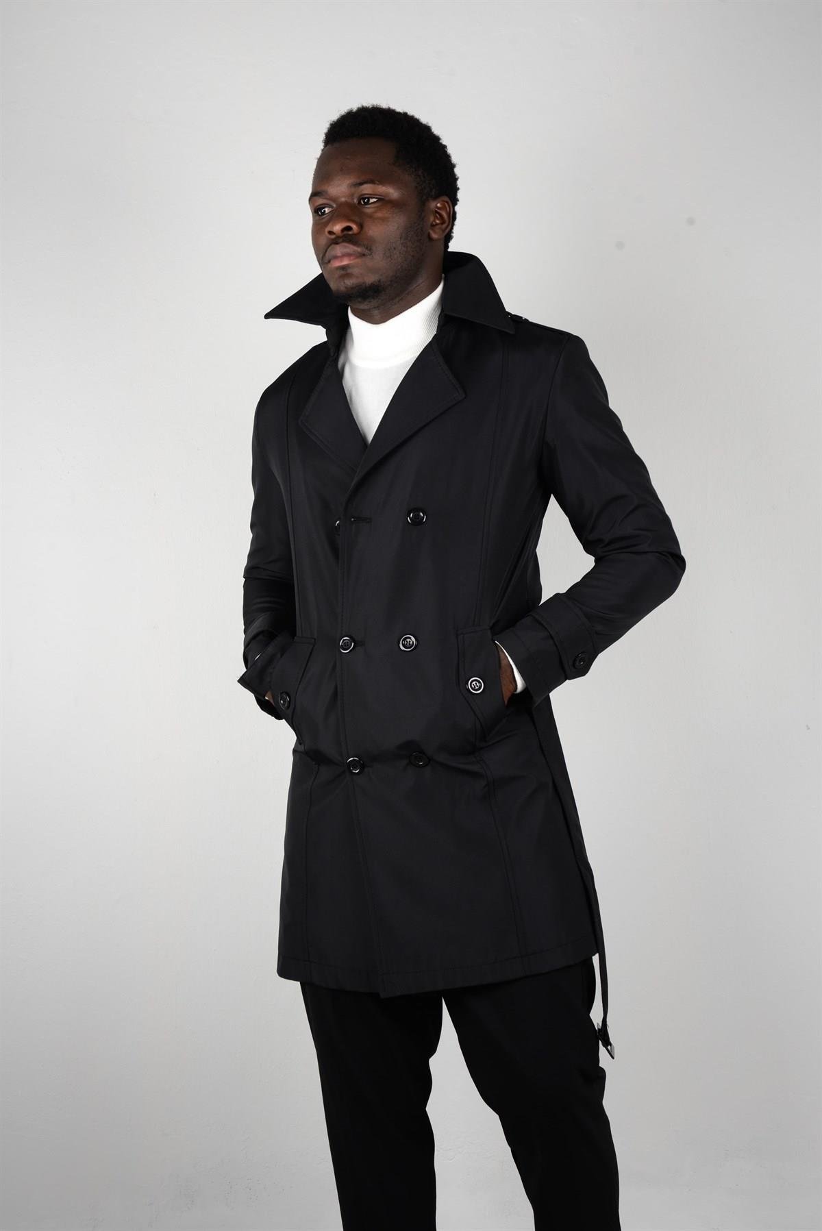 Maserto Slim Fit Men's Black Trench Coat