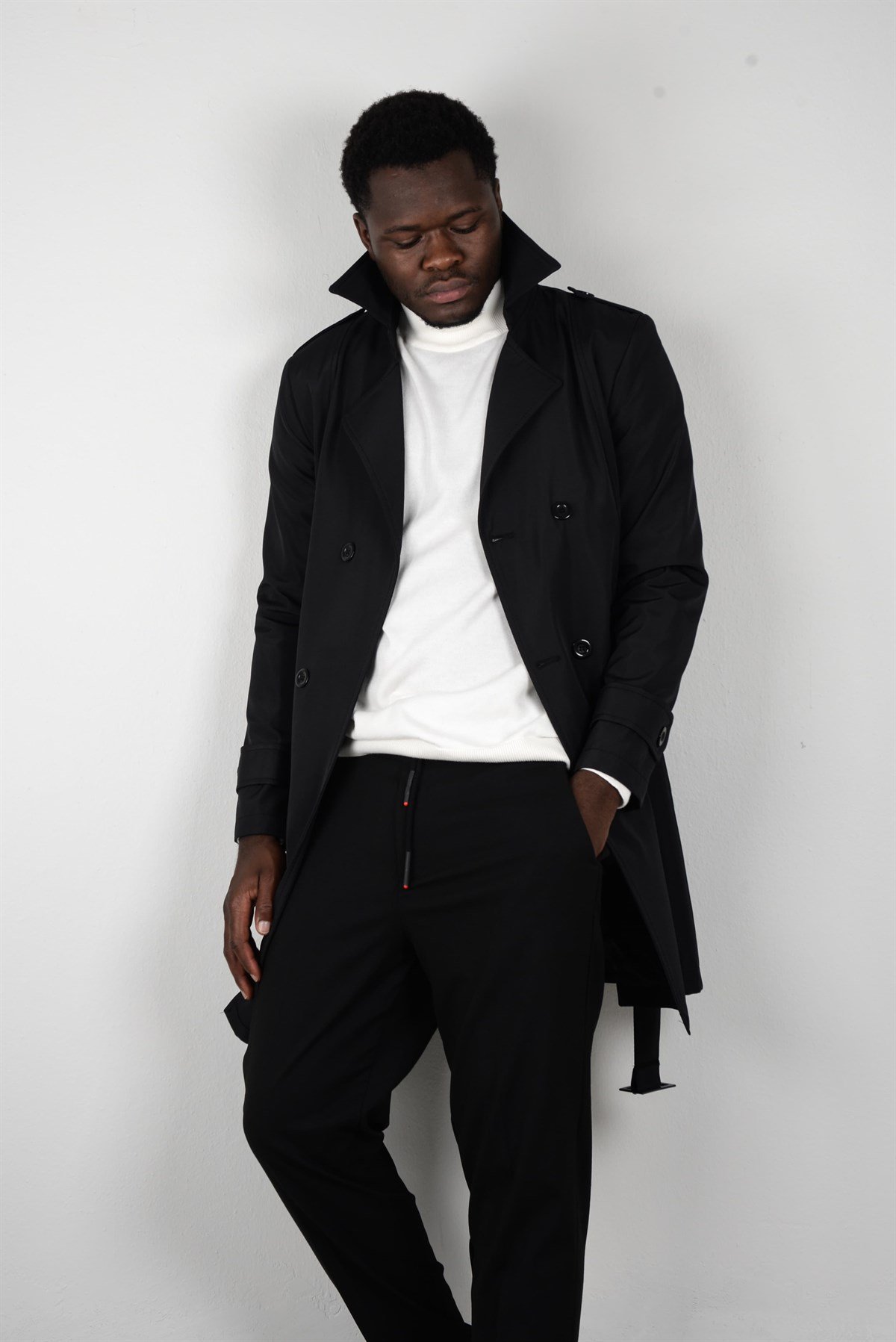 Maserto Slim Fit Men's Black Trench Coat