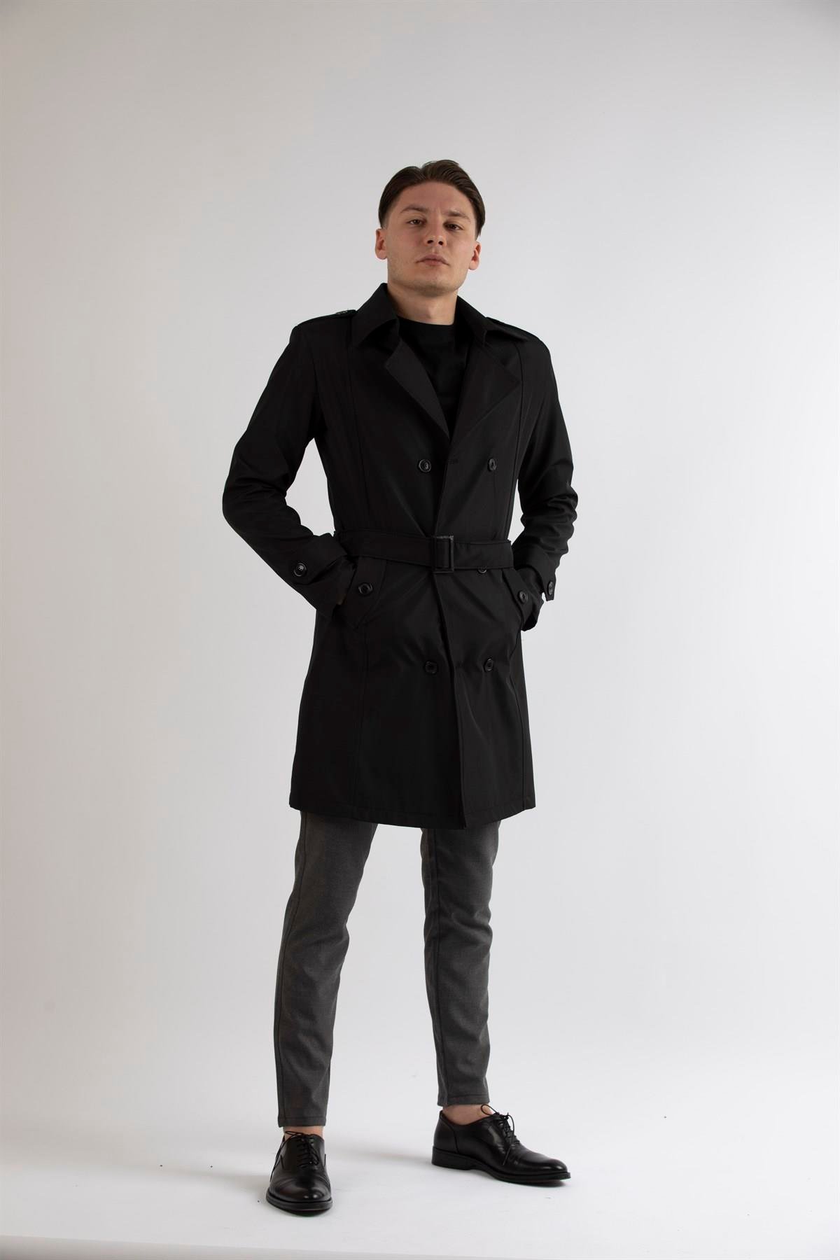 Maserto Slim Fit Men's Black Trench Coat