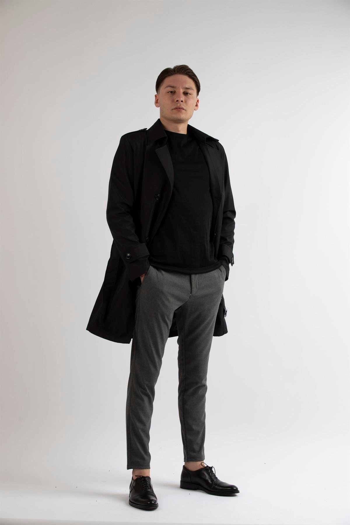 Maserto Slim Fit Men's Black Trench Coat