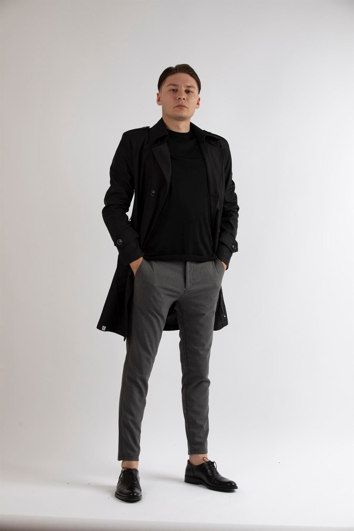 Maserto Slim Fit Men's Black Trench Coat