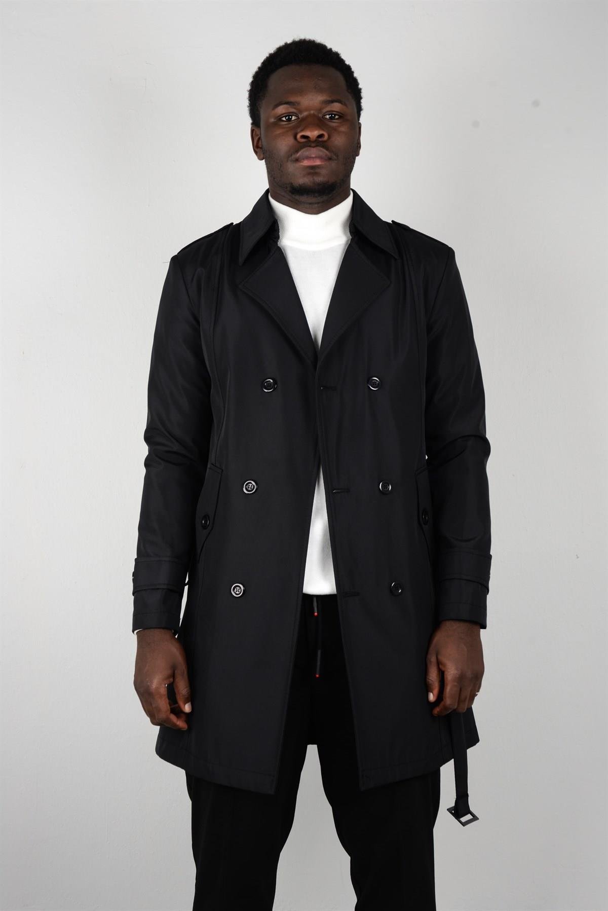 Maserto Slim Fit Men's Black Trench Coat