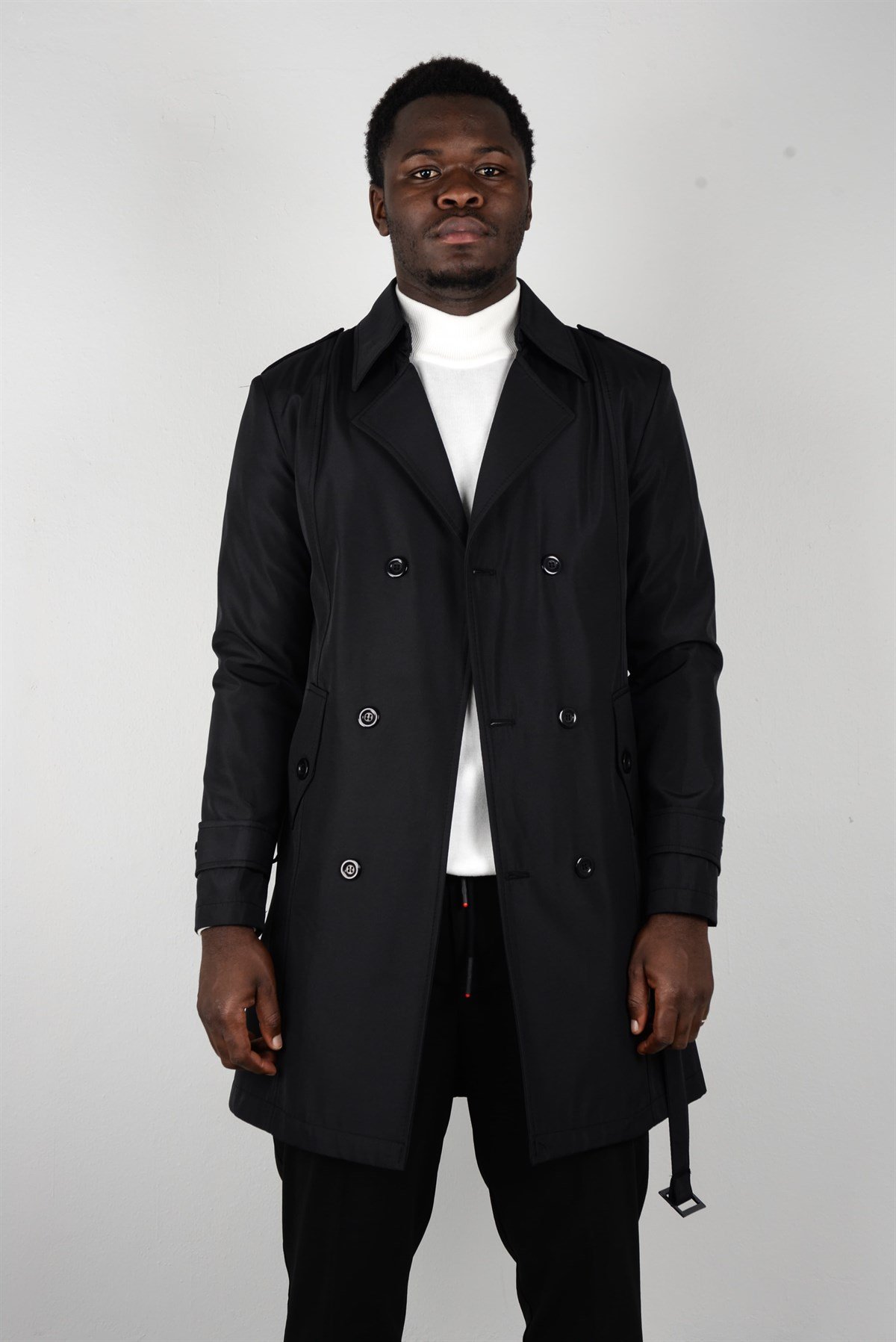 Maserto Slim Fit Men's Black Trench Coat