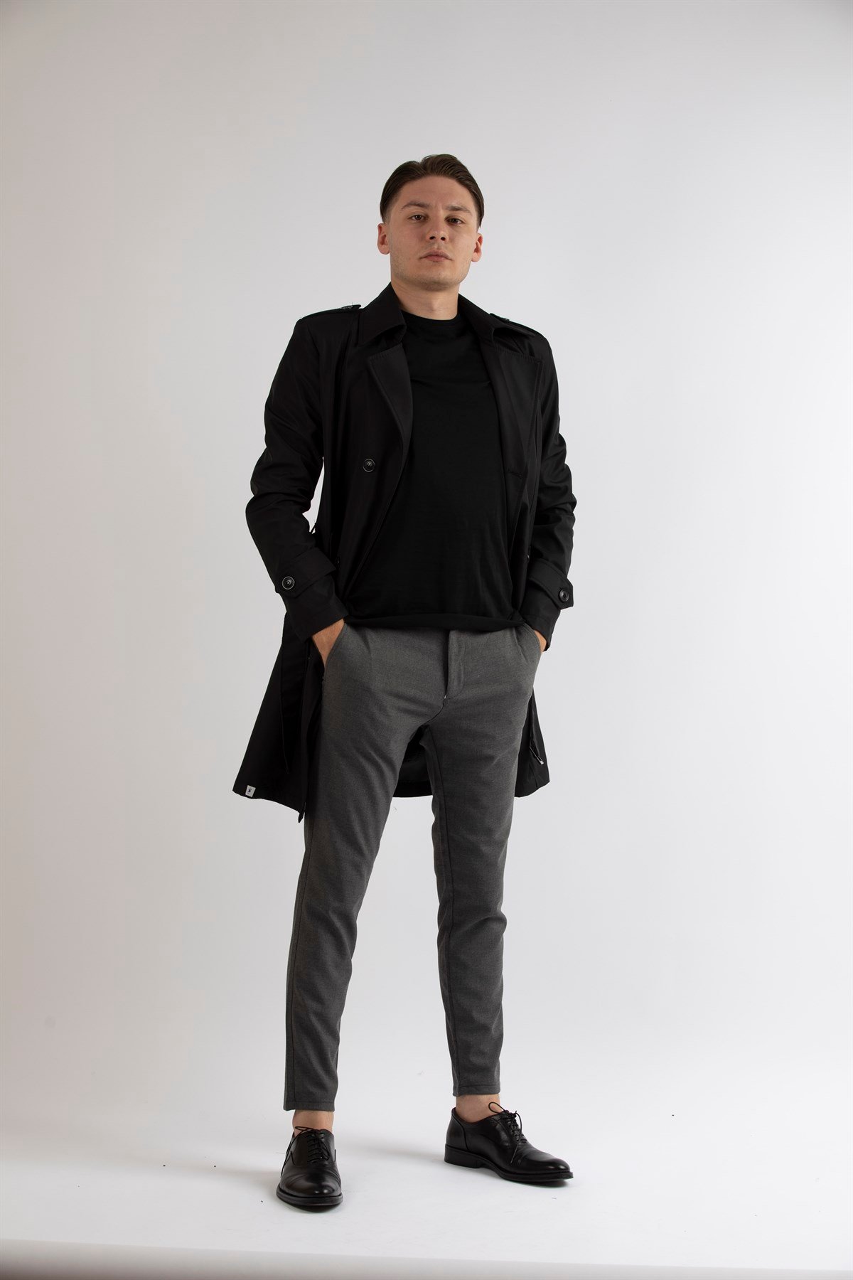 Maserto Slim Fit Men's Black Trench Coat