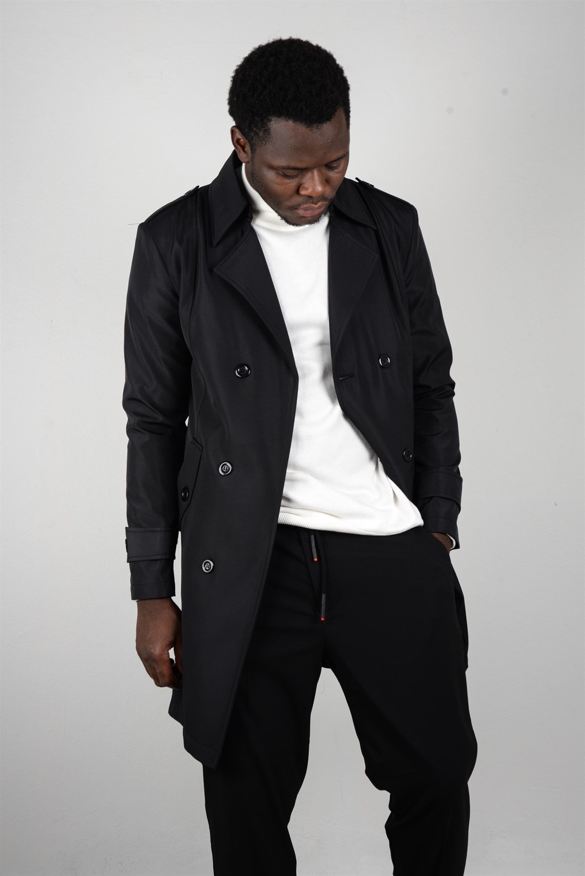 Maserto Slim Fit Men's Black Trench Coat