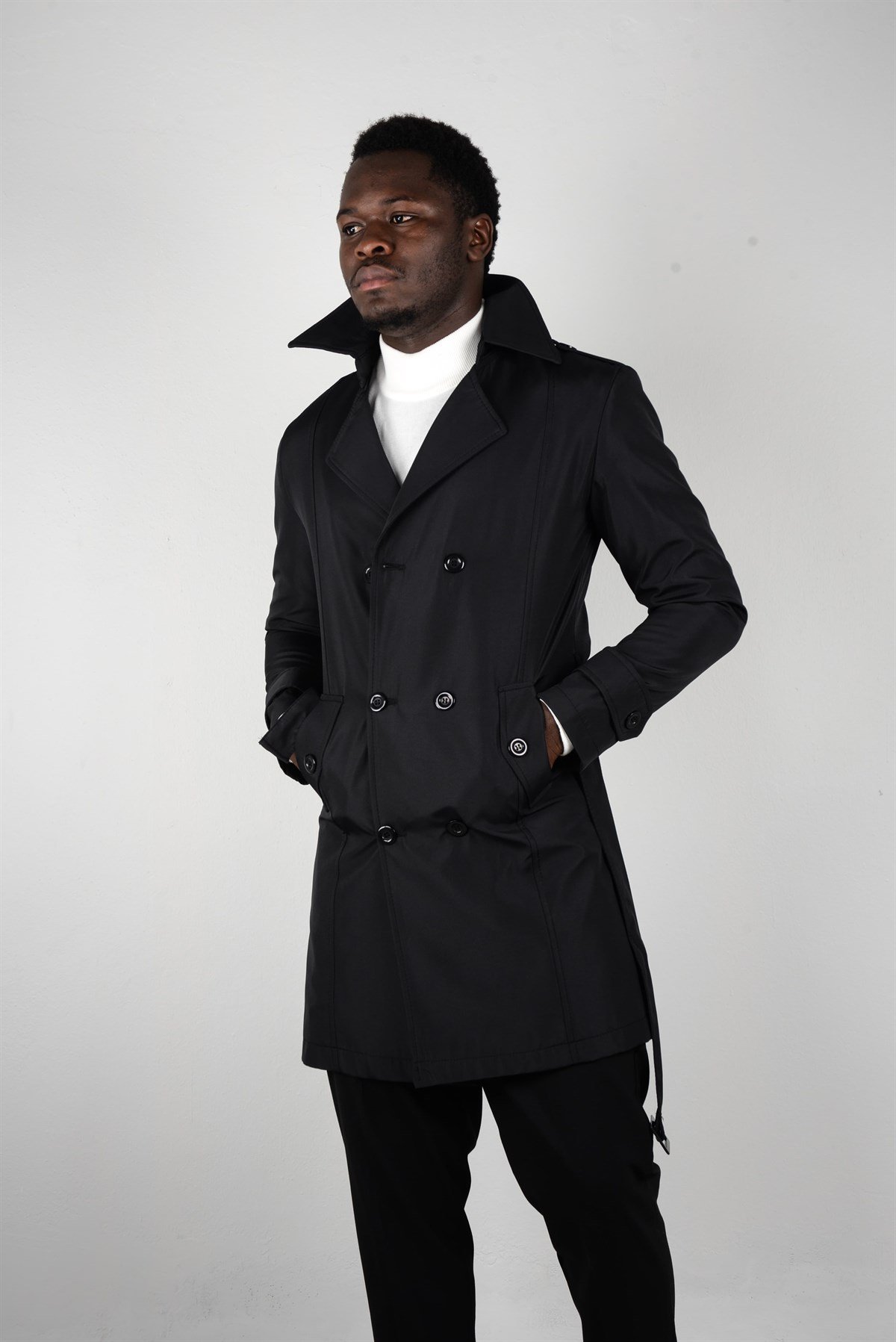 Maserto Slim Fit Men's Black Trench Coat