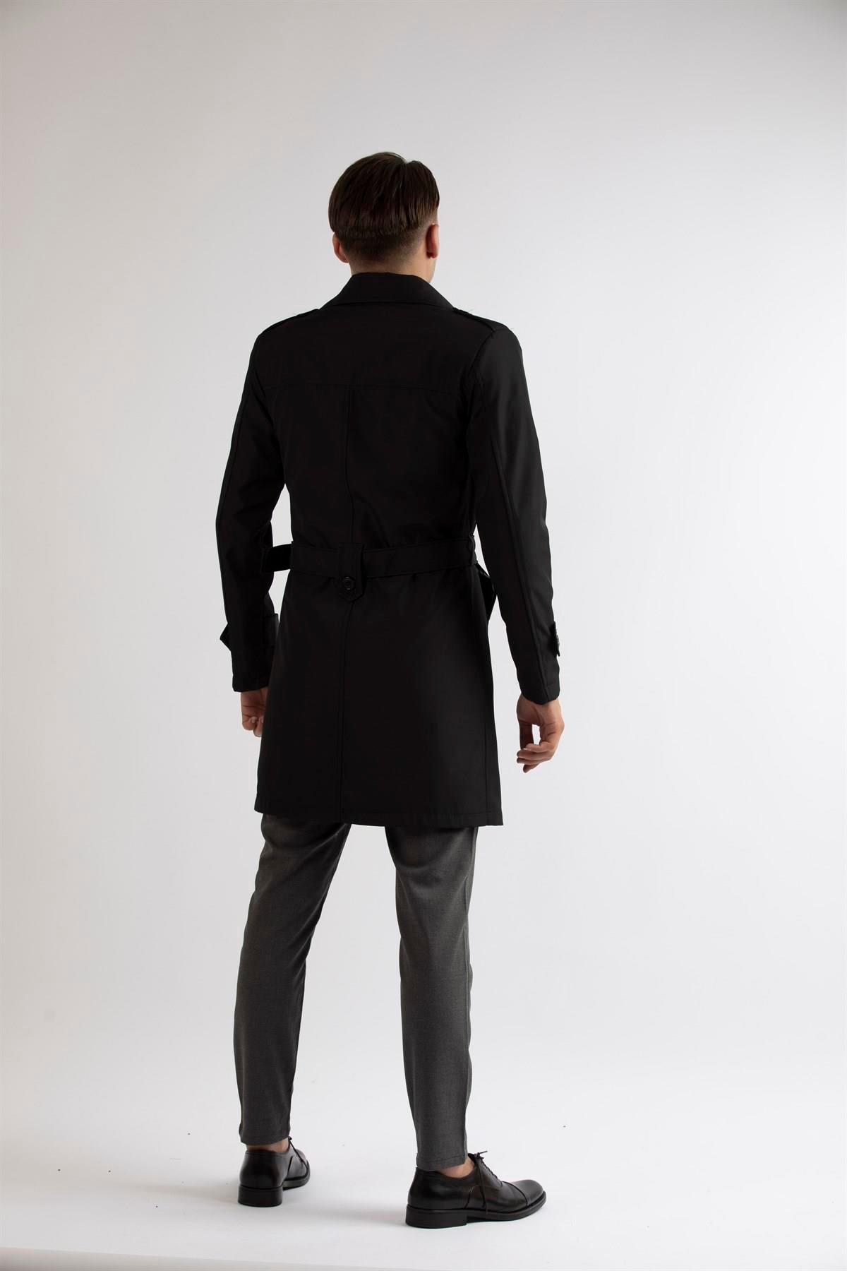 Maserto Slim Fit Men's Black Trench Coat