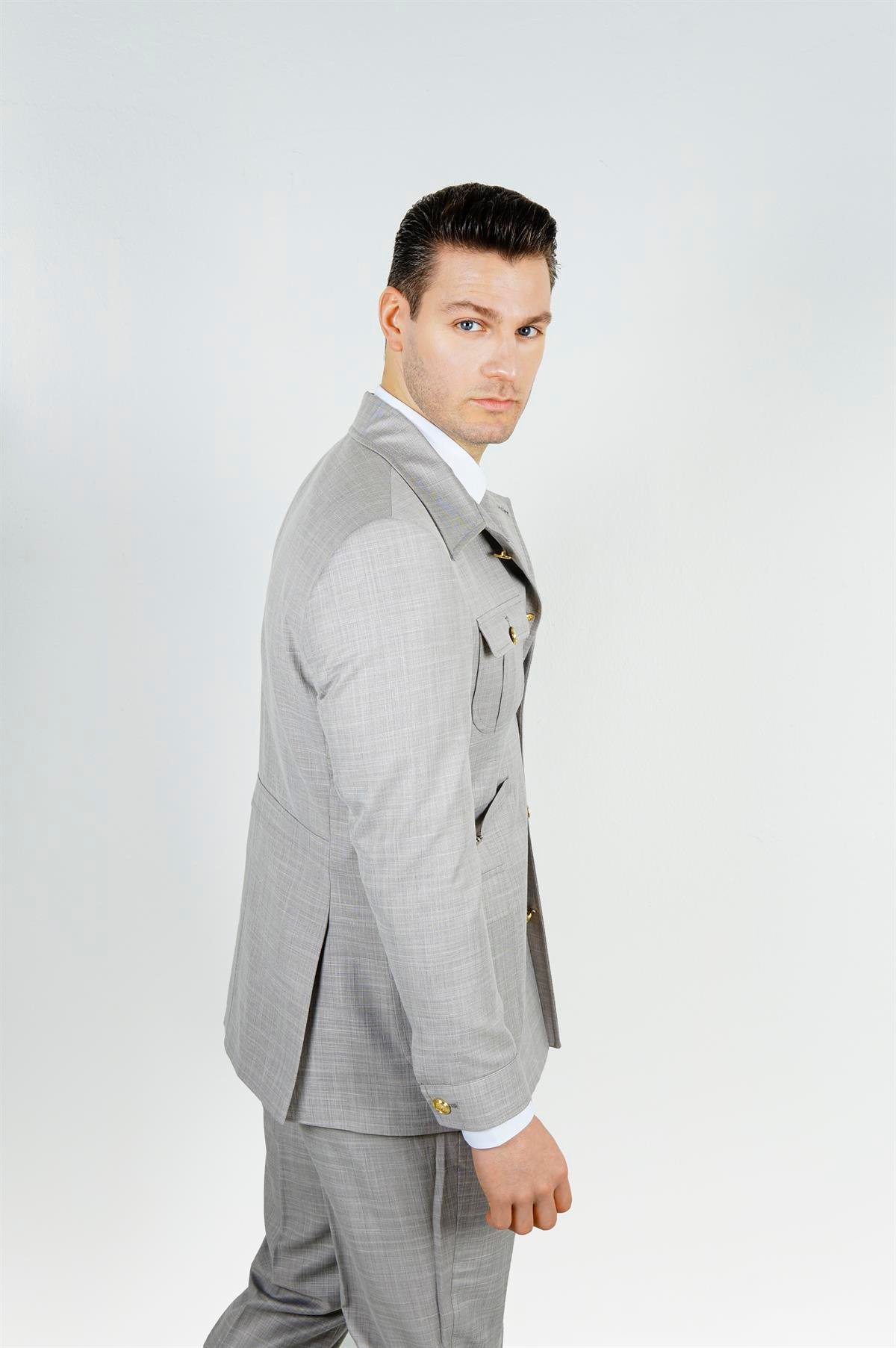 Maserto Slim Fit Gri Cepli Takım Elbise Kendinden Desenli