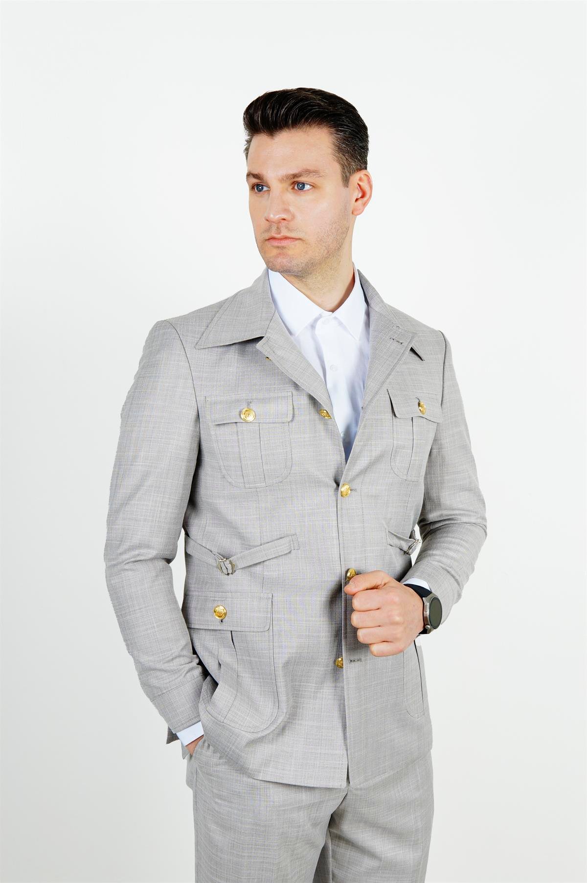 Maserto Slim Fit Gri Cepli Takım Elbise Kendinden Desenli