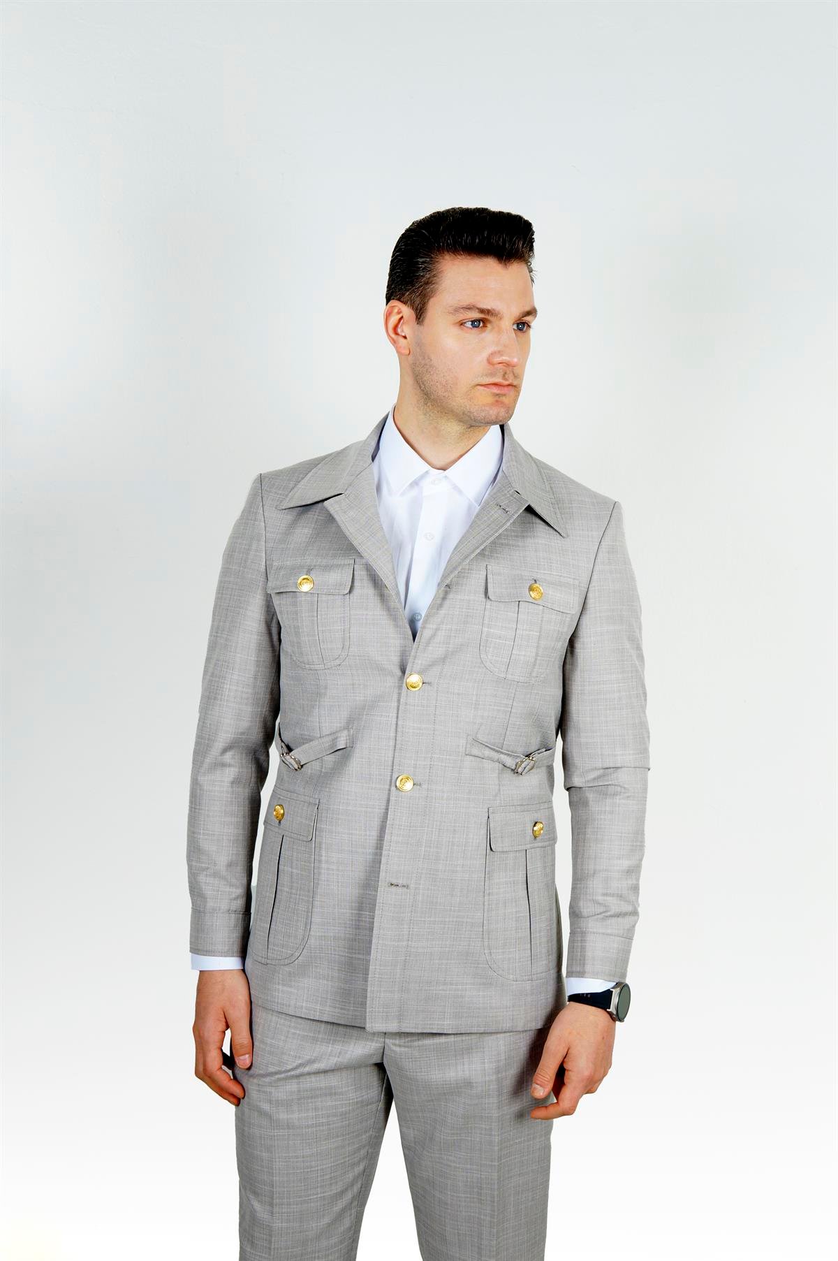 Maserto Slim Fit Gri Cepli Takım Elbise Kendinden Desenli