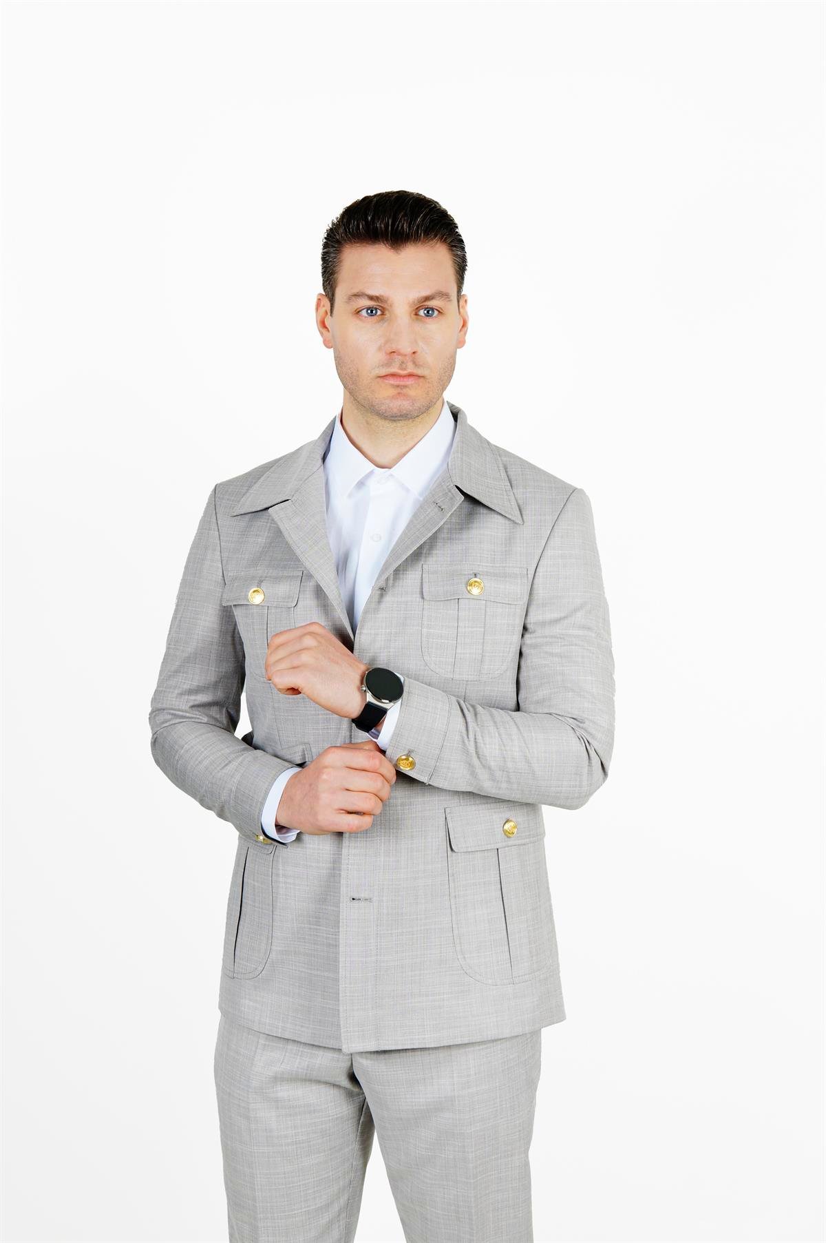 Maserto Slim Fit Gri Cepli Takım Elbise Kendinden Desenli