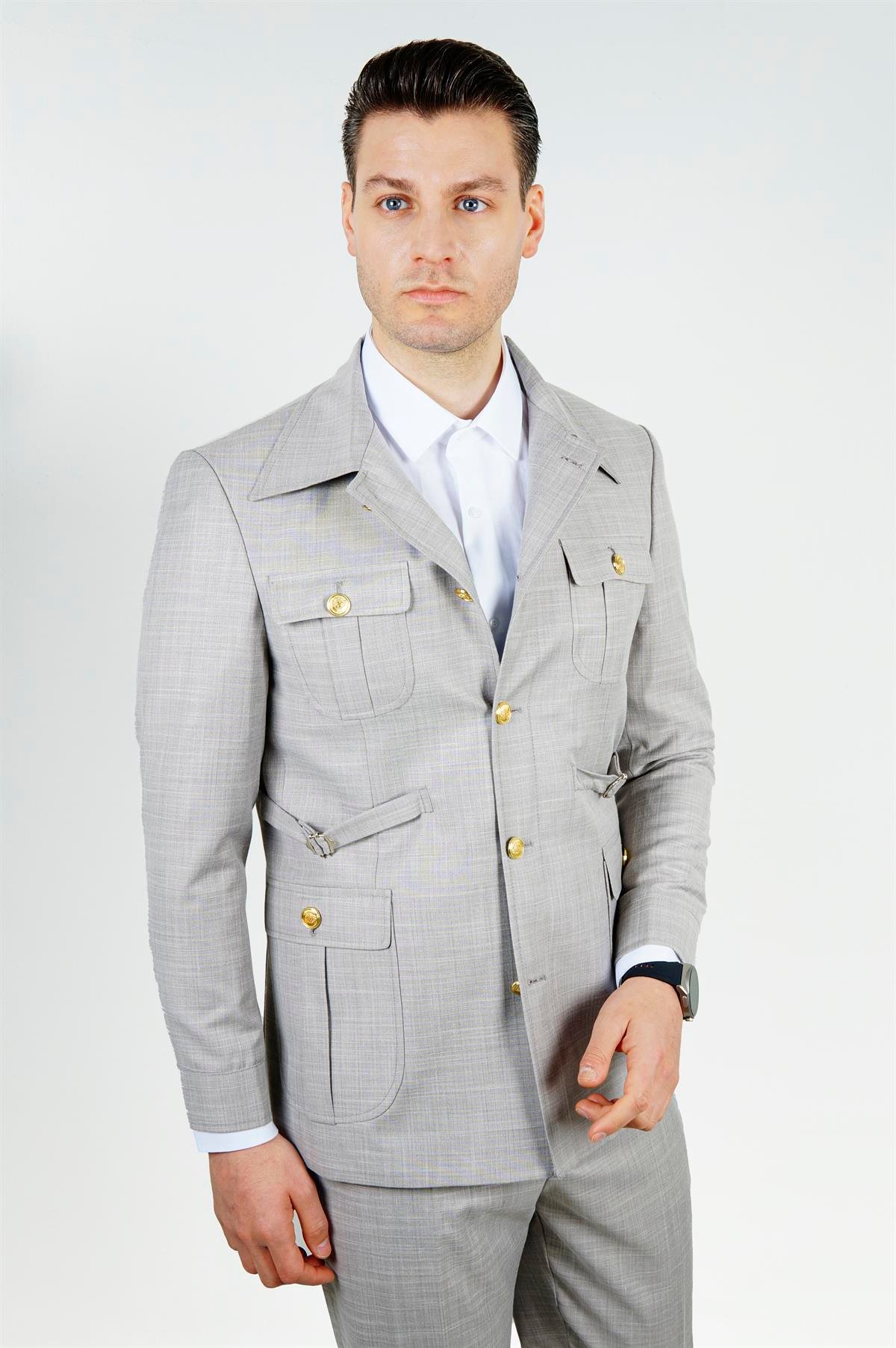 Maserto Slim Fit Gri Cepli Takım Elbise Kendinden Desenli