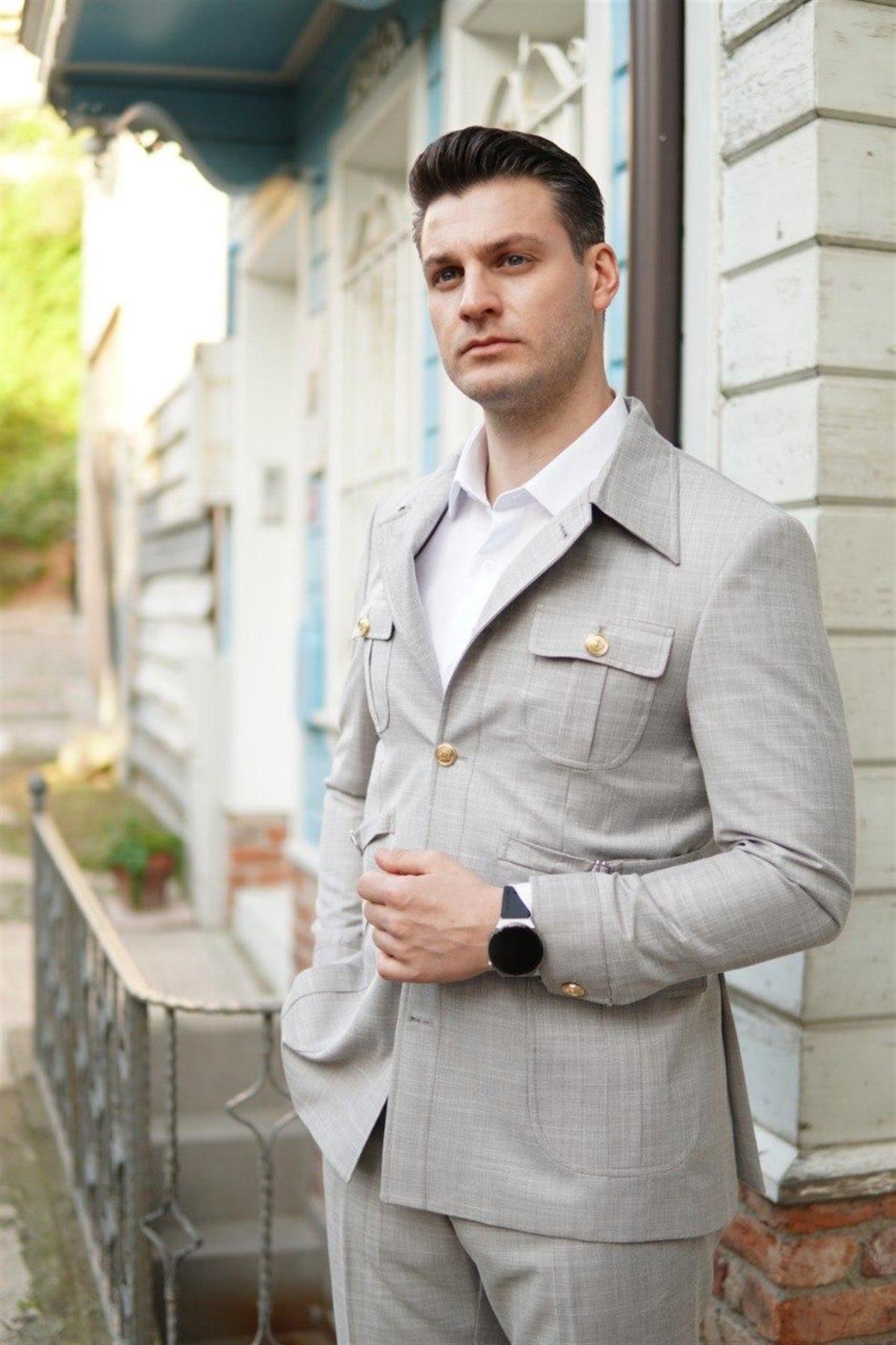 Maserto Slim Fit Gri Cepli Takım Elbise Kendinden Desenli