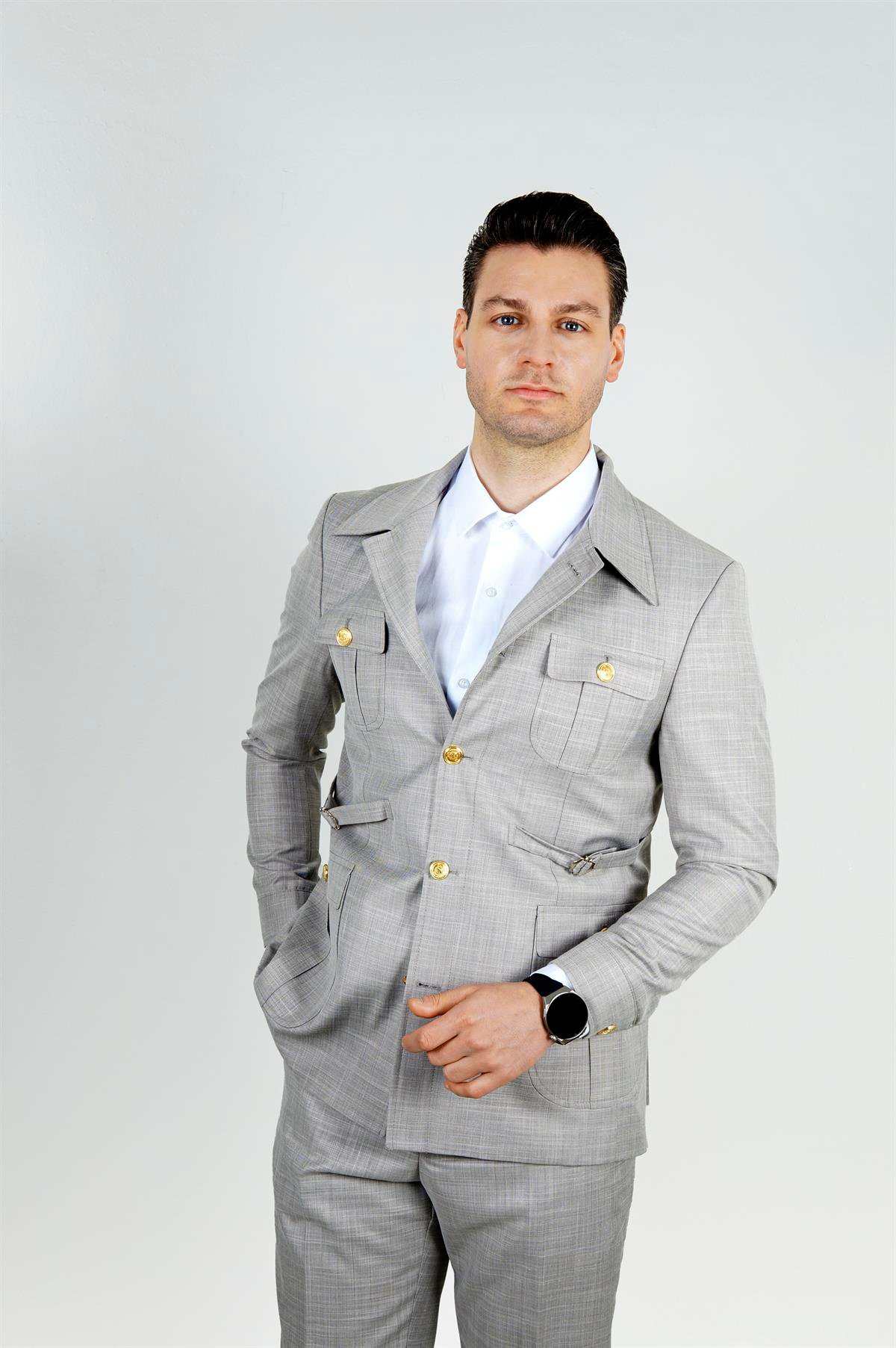 Maserto Slim Fit Gri Cepli Takım Elbise Kendinden Desenli