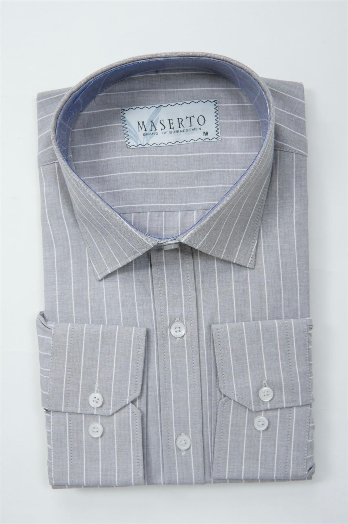 Maserto Slim Fit Gri Gömlek Çizgili Desenli