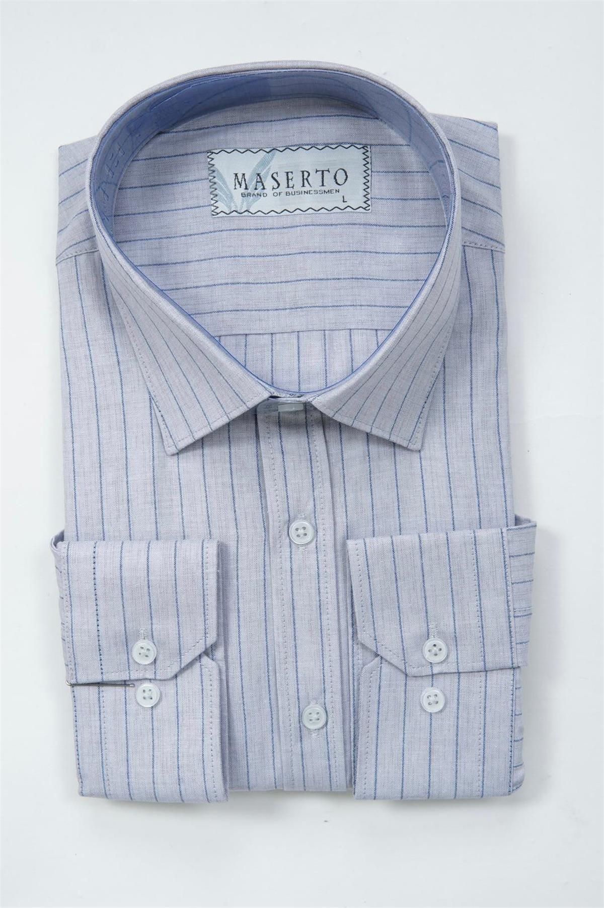 Maserto Slim Fit Gri Gömlek Çizgili Desenli