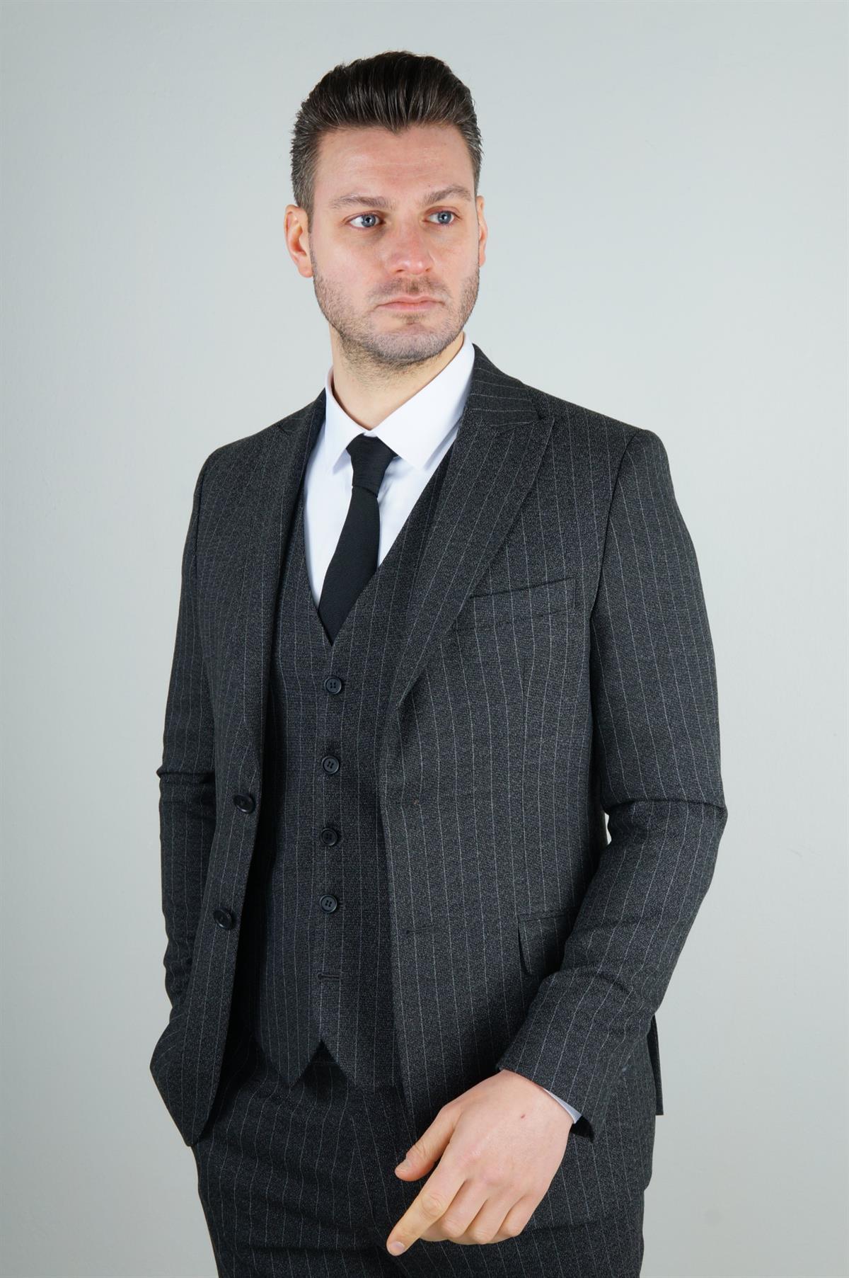 Maserto Slim Fit Gri Takım Elbise Çizgili Desenli