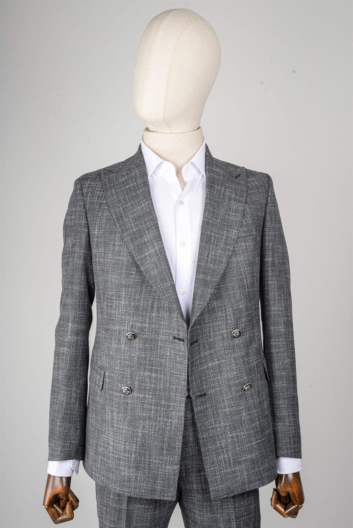 Maserto Slim Fit Gri Takım Elbise Çizgili Desenli