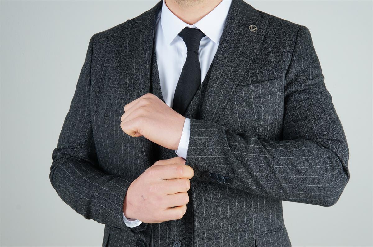 Maserto Slim Fit Gri Takım Elbise Çizgili Desenli