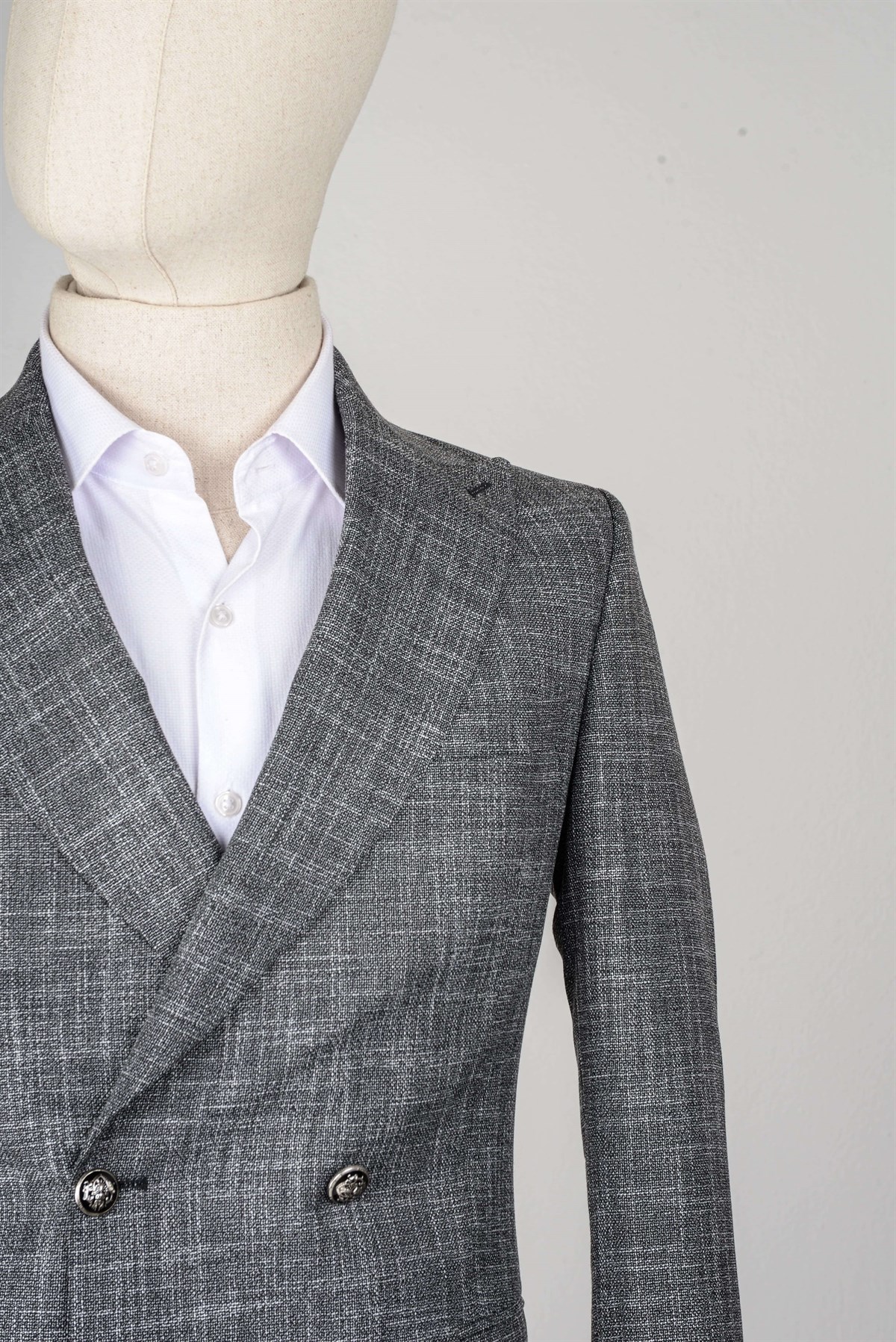 Maserto Slim Fit Gri Takım Elbise Çizgili Desenli