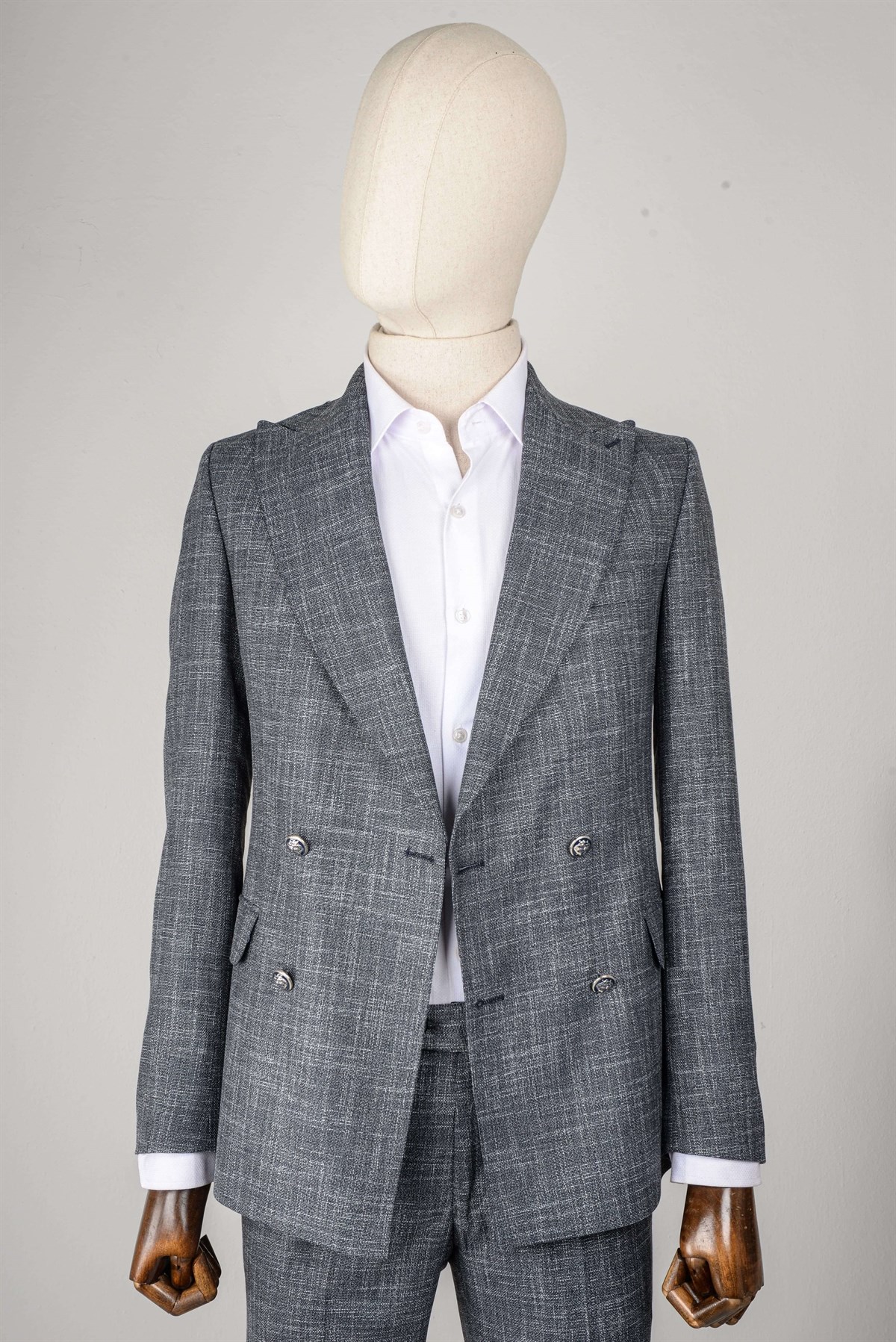 Maserto Slim Fit Gri Takım Elbise Çizgili Desenli