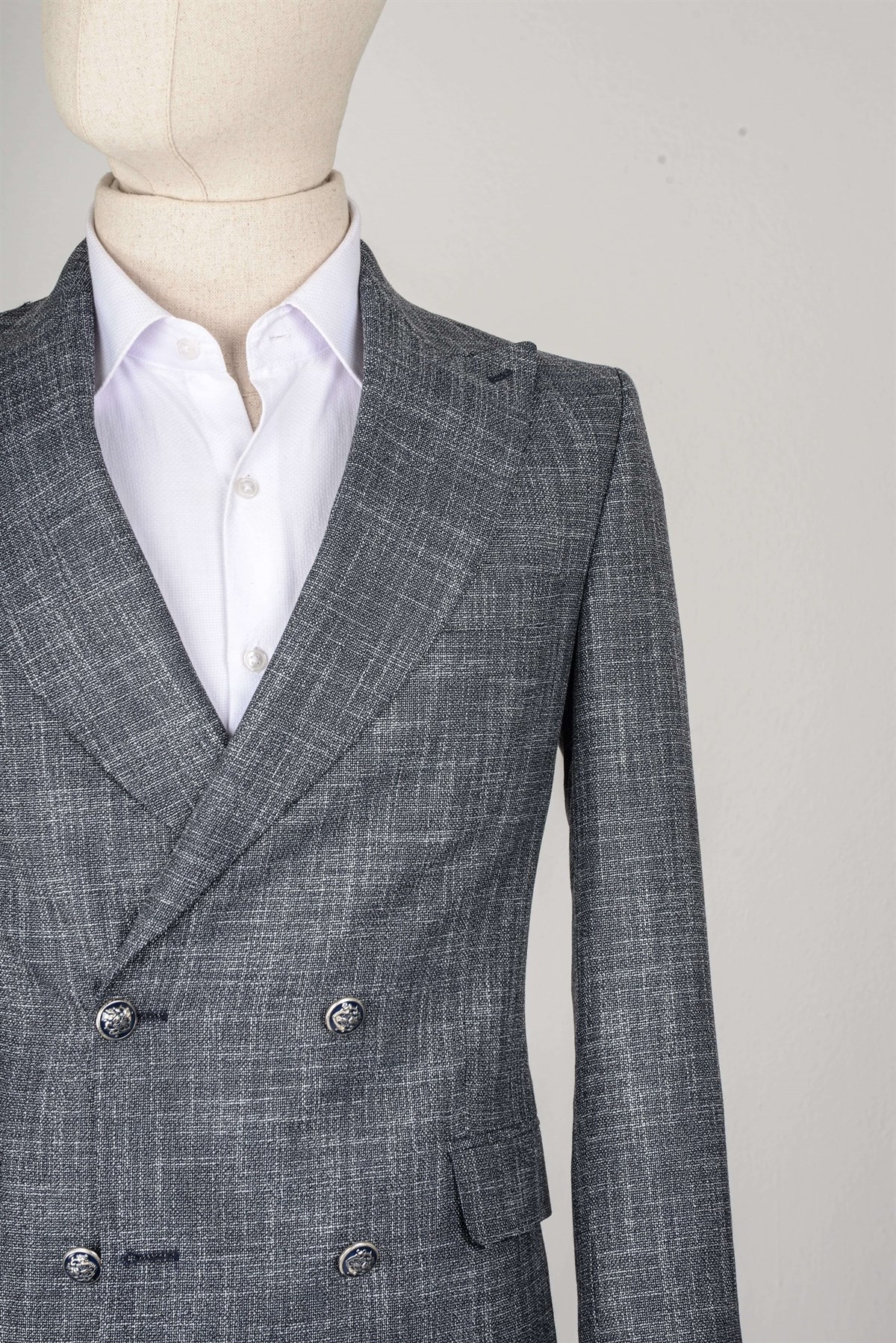 Maserto Slim Fit Gri Takım Elbise Çizgili Desenli