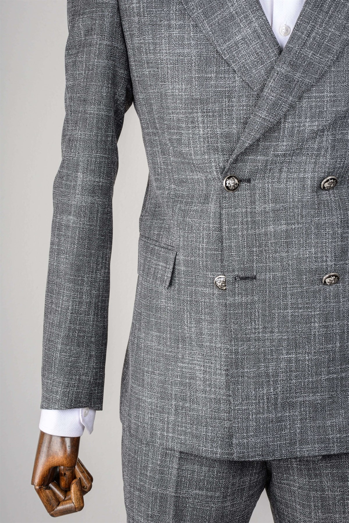 Maserto Slim Fit Gri Takım Elbise Çizgili Desenli