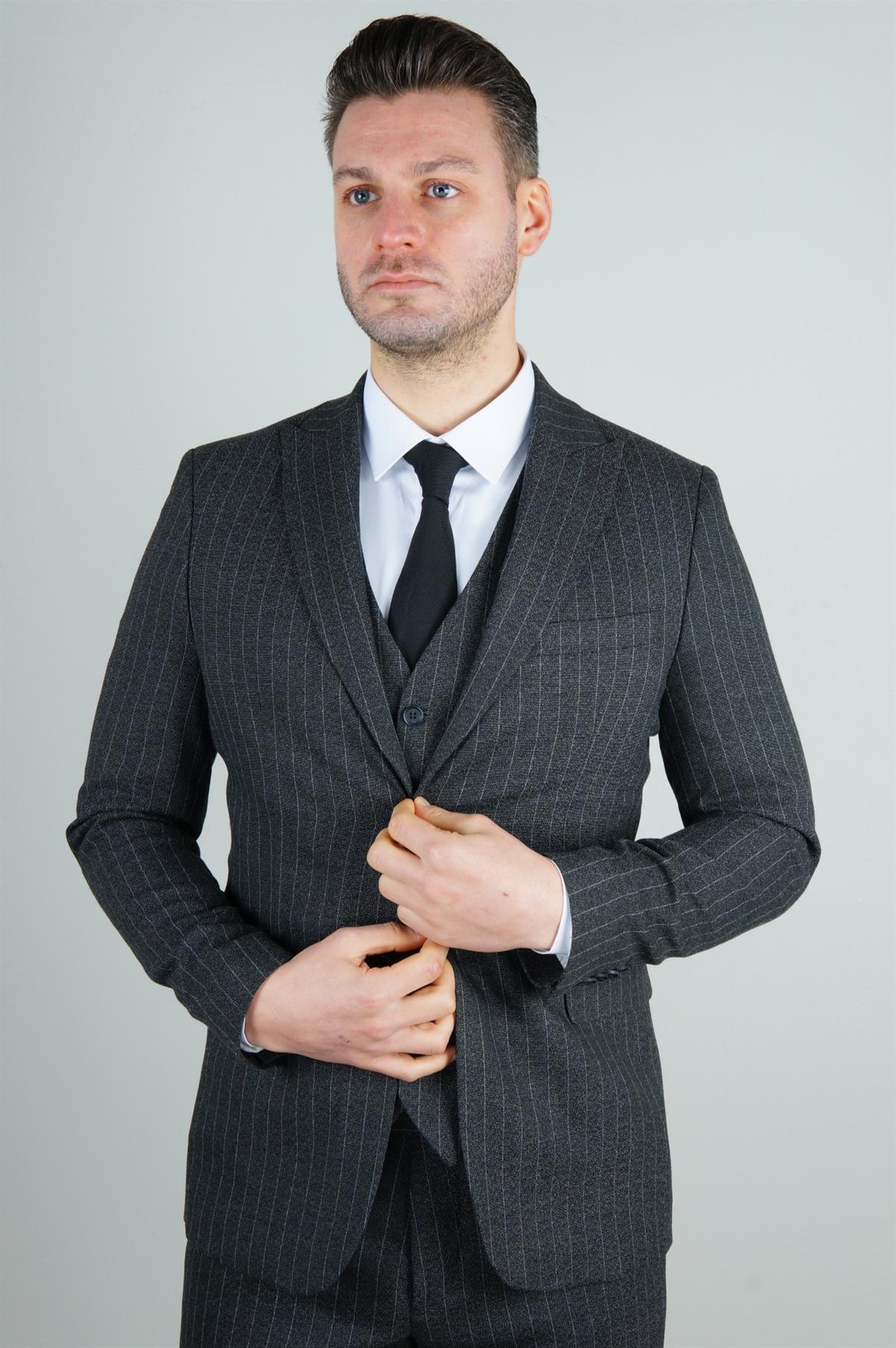 Maserto Slim Fit Gri Takım Elbise Çizgili Desenli