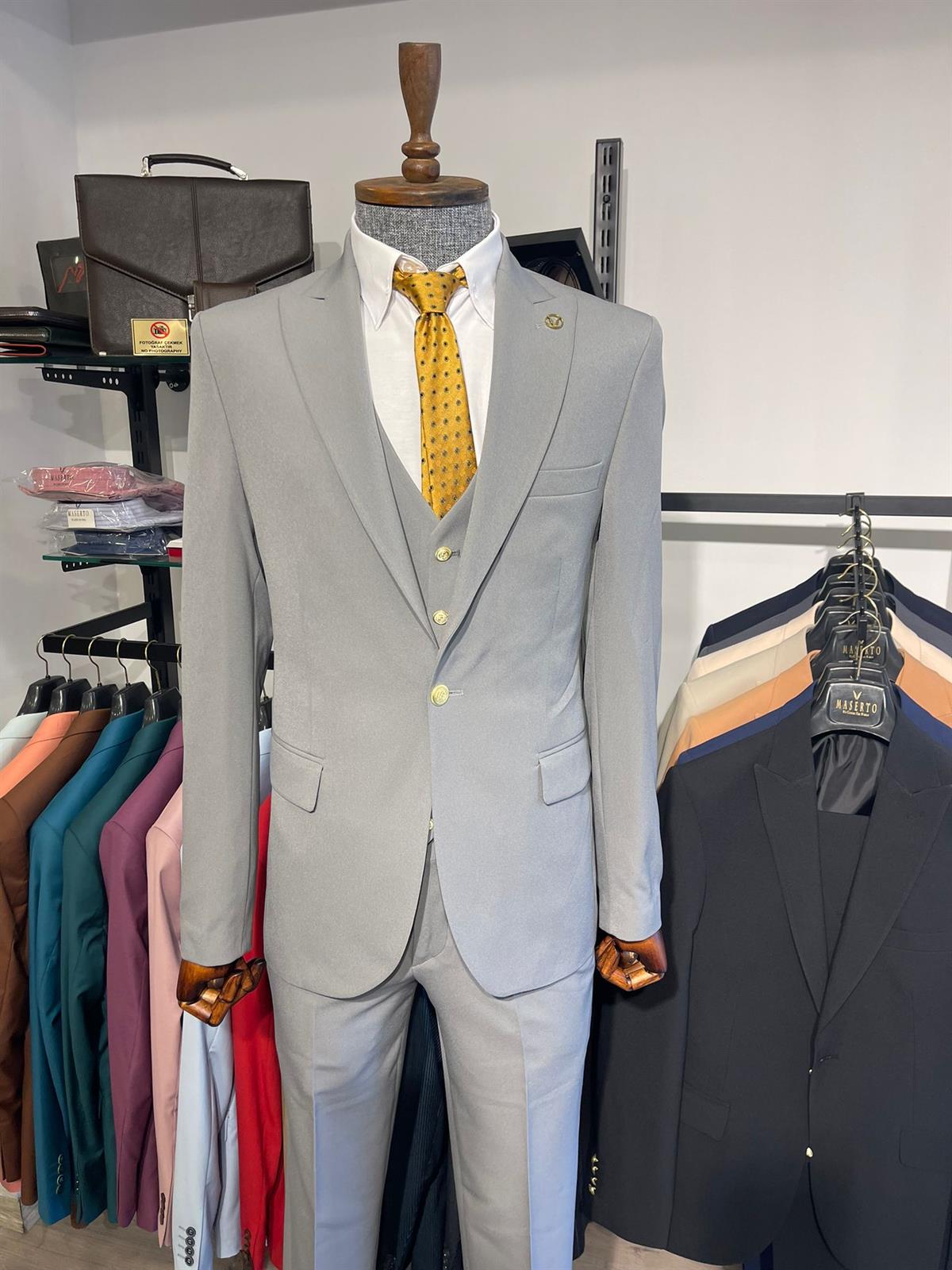 Maserto Slim Fit Gri Takım Elbise Düz Desenli