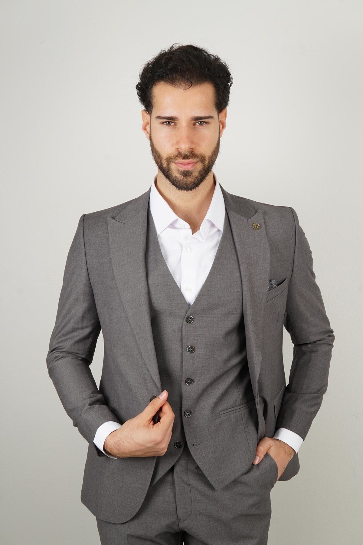 Maserto Slim Fit Gri Takım Elbise Düz Desenli